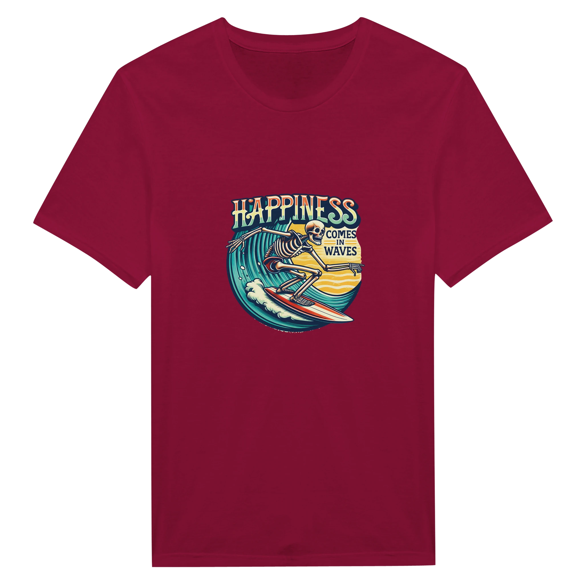 Maroon t-shirt with a graphic design and text on a white background