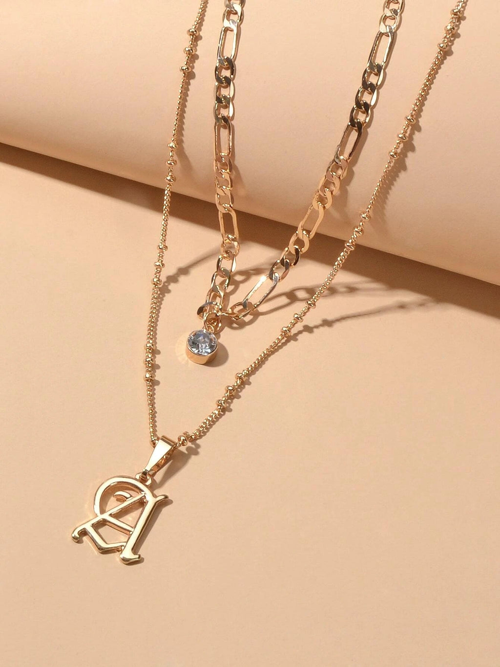 2 pcs Gold Chain Rhinestone Letter A Pendant Double Layer Necklace Women Jewelry