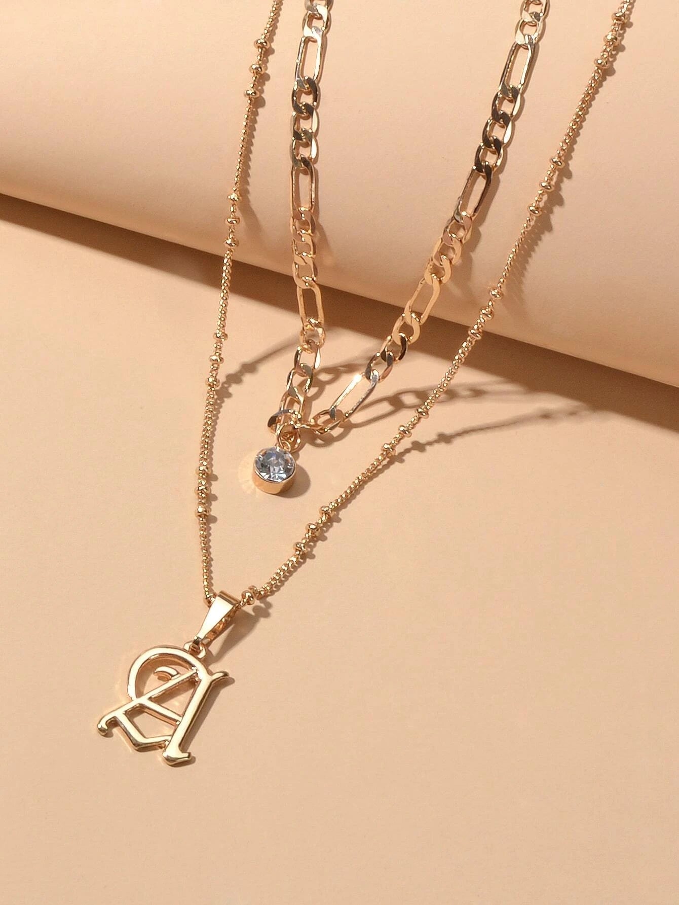 2 pcs Gold Chain Rhinestone Letter A Pendant Double Layer Necklace Women Jewelry