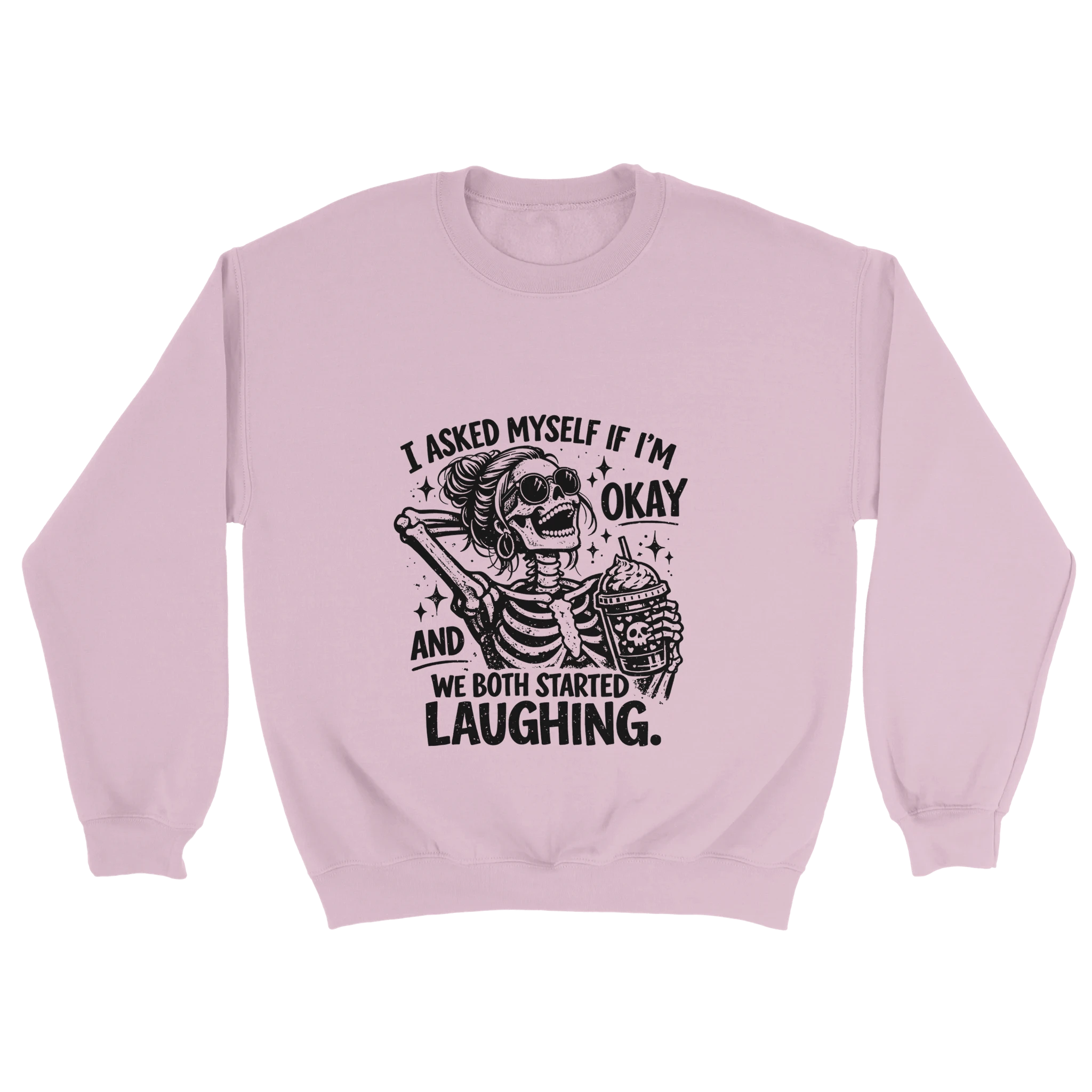 Pink sweatshirt with skeleton design and text on a white background