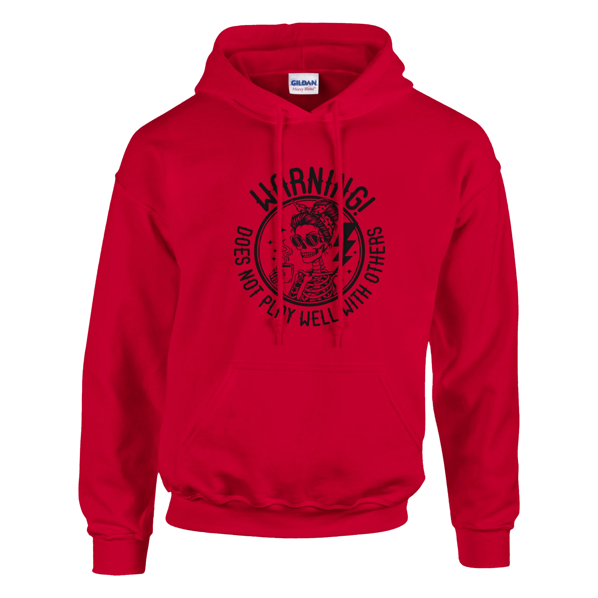 Red hoodie with black graphic and text on a white background