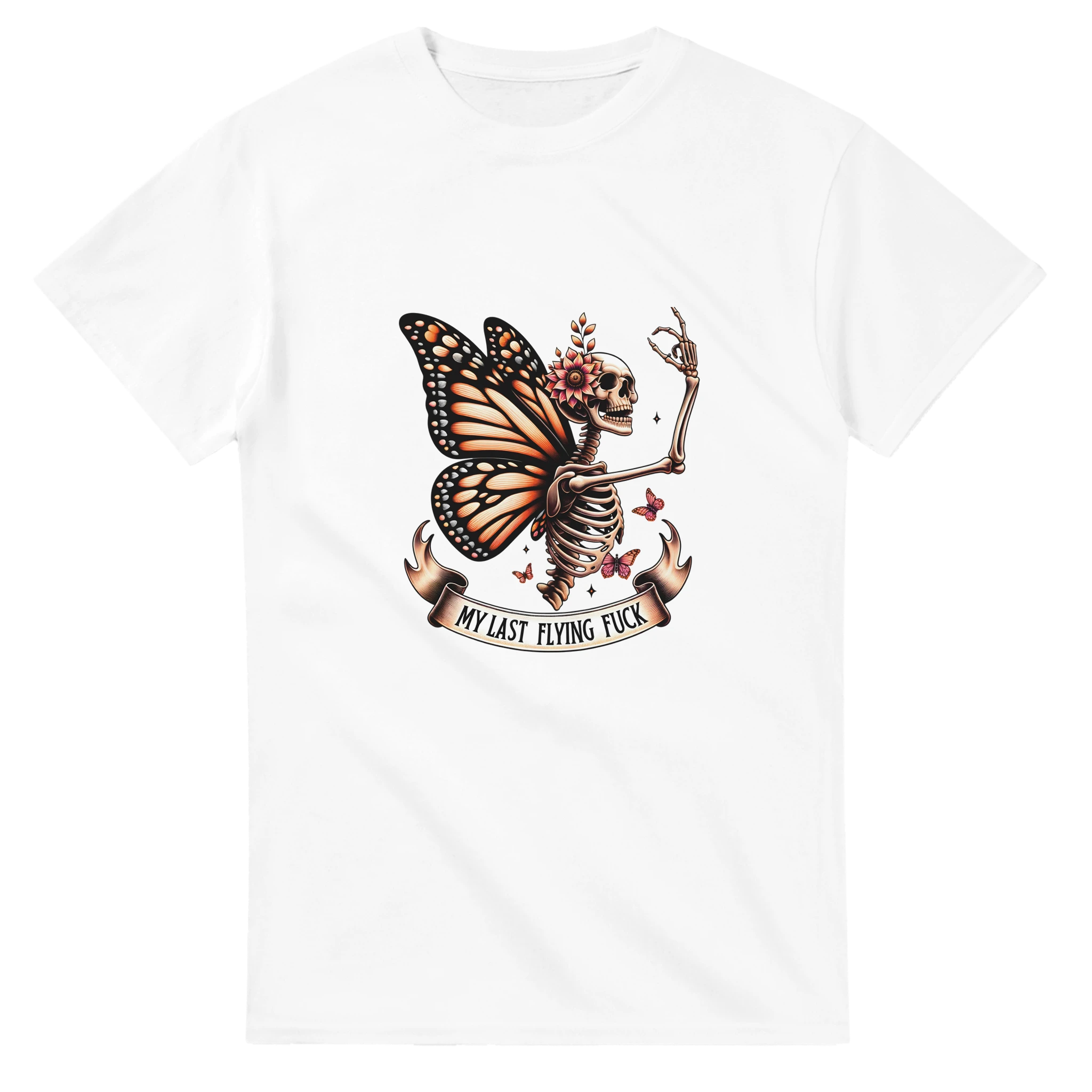 White t-shirt with a skeleton butterfly design and text on a white background