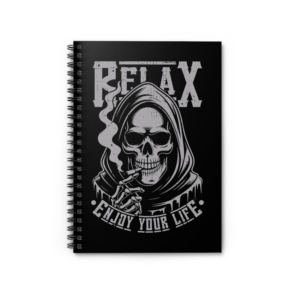 A black spiral-bound notebook featuring a distressed gray graphic of a hooded skull smoking, with the words 'RELAX' and 'ENJOY YOUR LIFE' printed on the cover, shown against a plain white background.