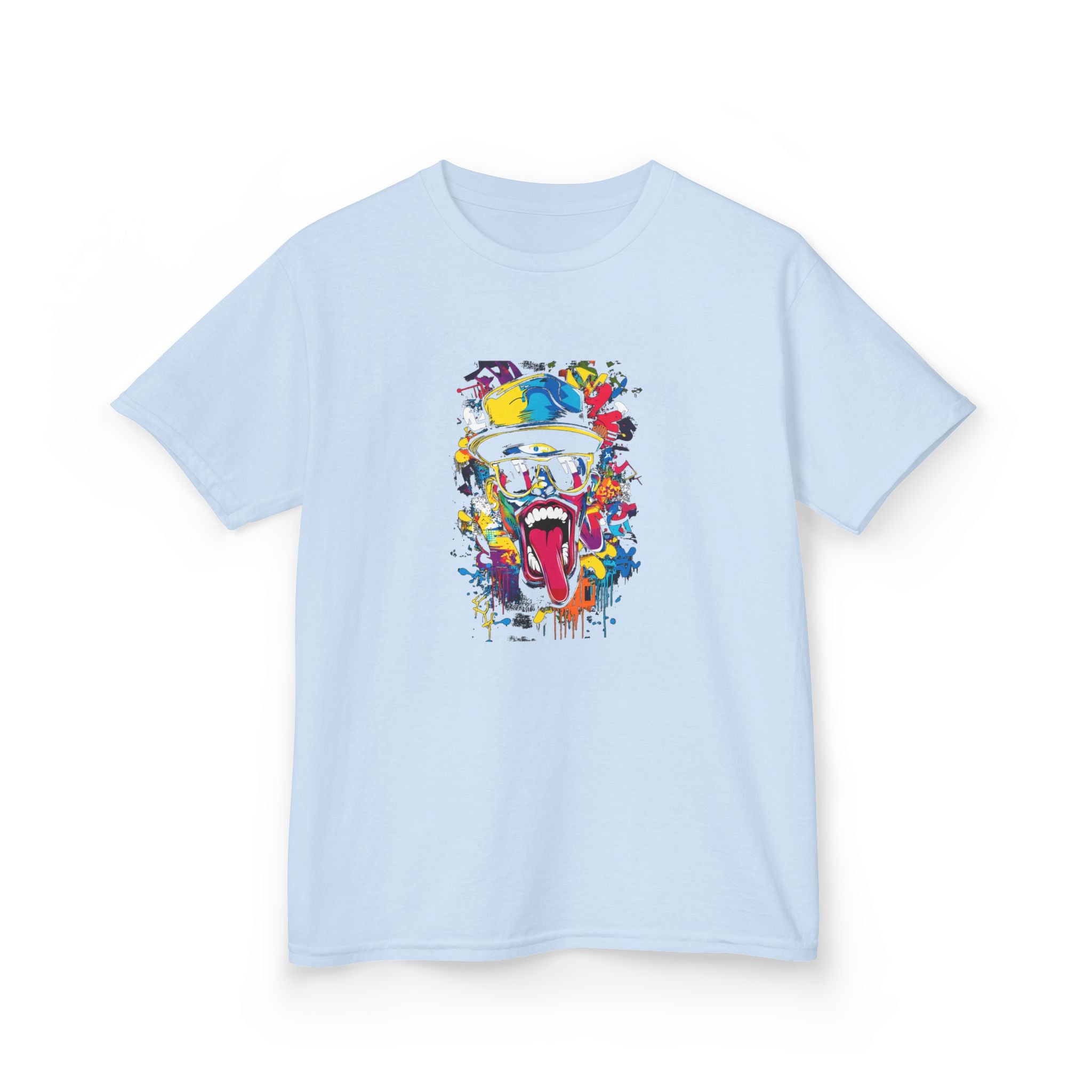 Light blue t-shirt with a colorful graphic design on a white background