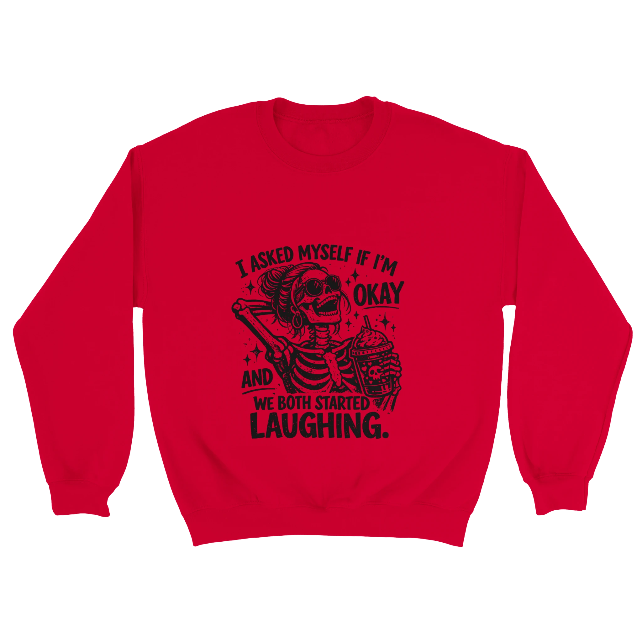 Red sweatshirt with black skeleton graphic and text on a white background