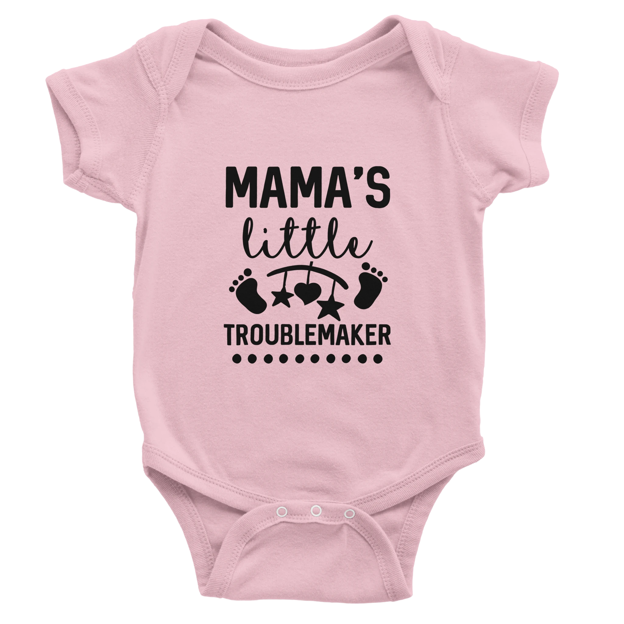 Pink baby onesie with 'Mama's Little Troublemaker' text and footprints on a white background