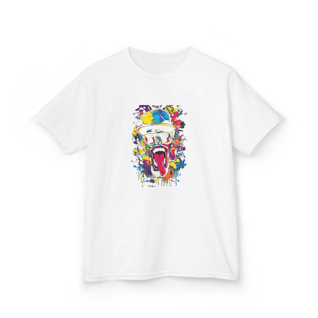 White t-shirt with a colorful graphic design on a white background
