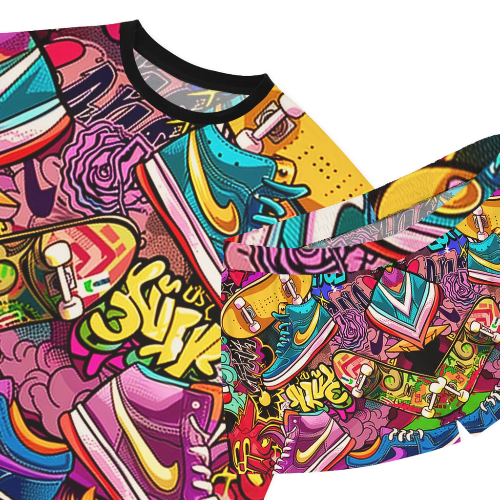A close-up of a colorful graphic t-shirt featuring an all-over print of vibrant street art, graffiti, and illustrated sneakers in pink, yellow, teal, purple, and green.