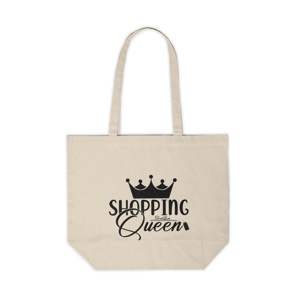 Beige tote bag with 'Shopping Queen' text and crown graphic on a white background
