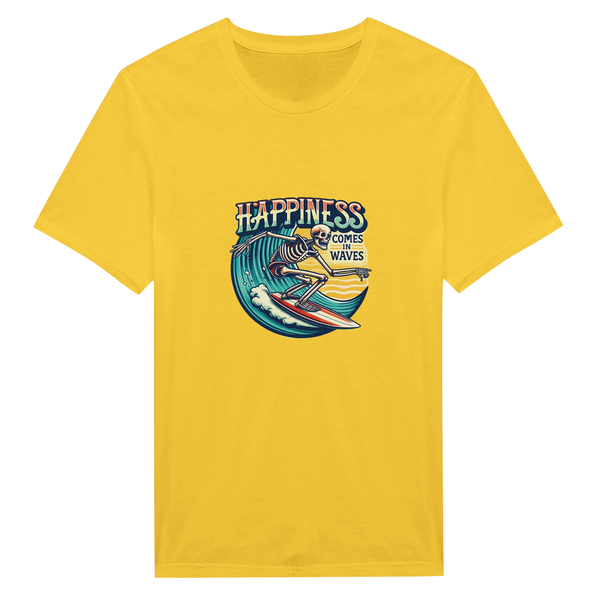 Yellow t-shirt with a graphic design of a skeleton surfing and text 'Happiness Comes in Waves' on a white background.
