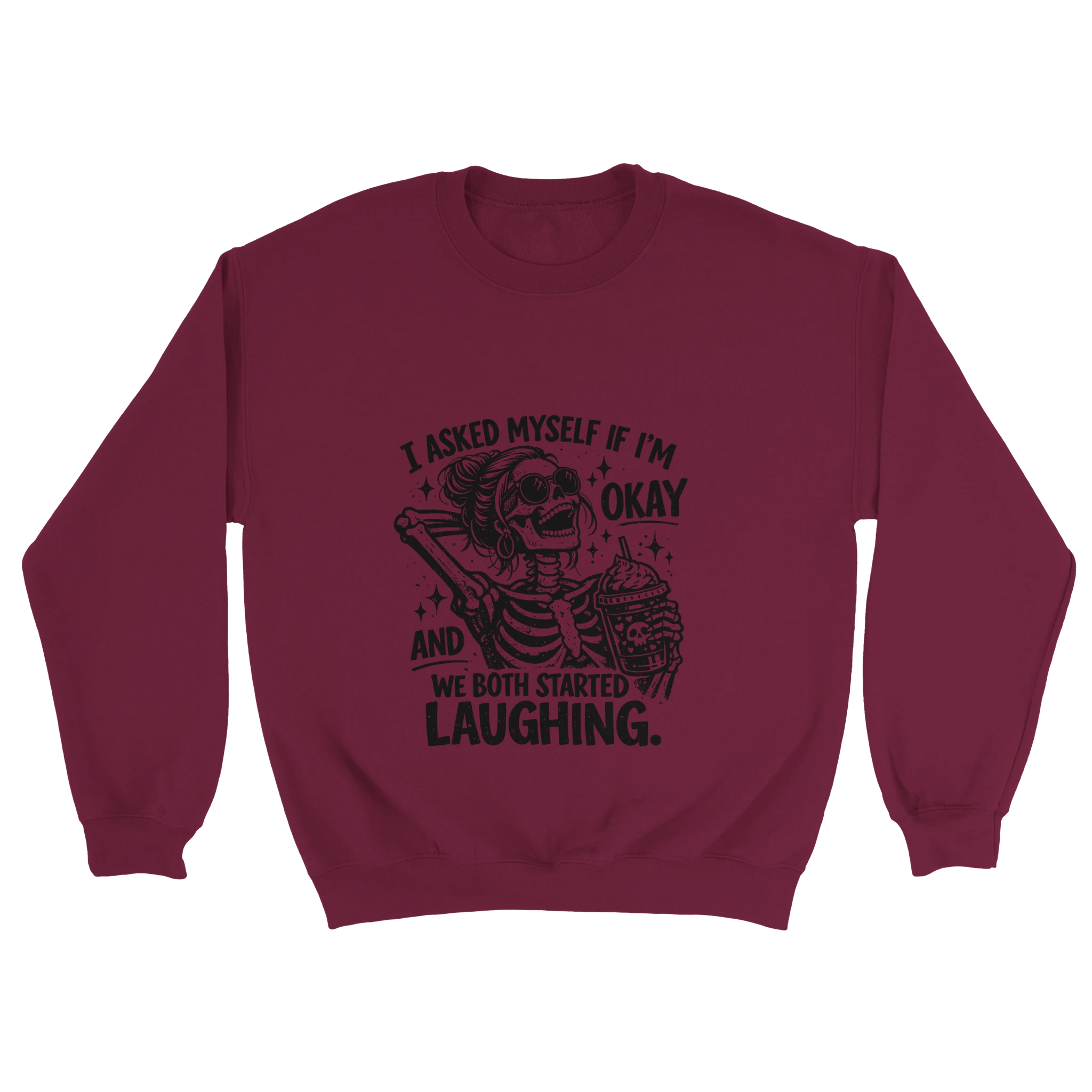 Maroon sweatshirt with skeleton graphic and text on a white background