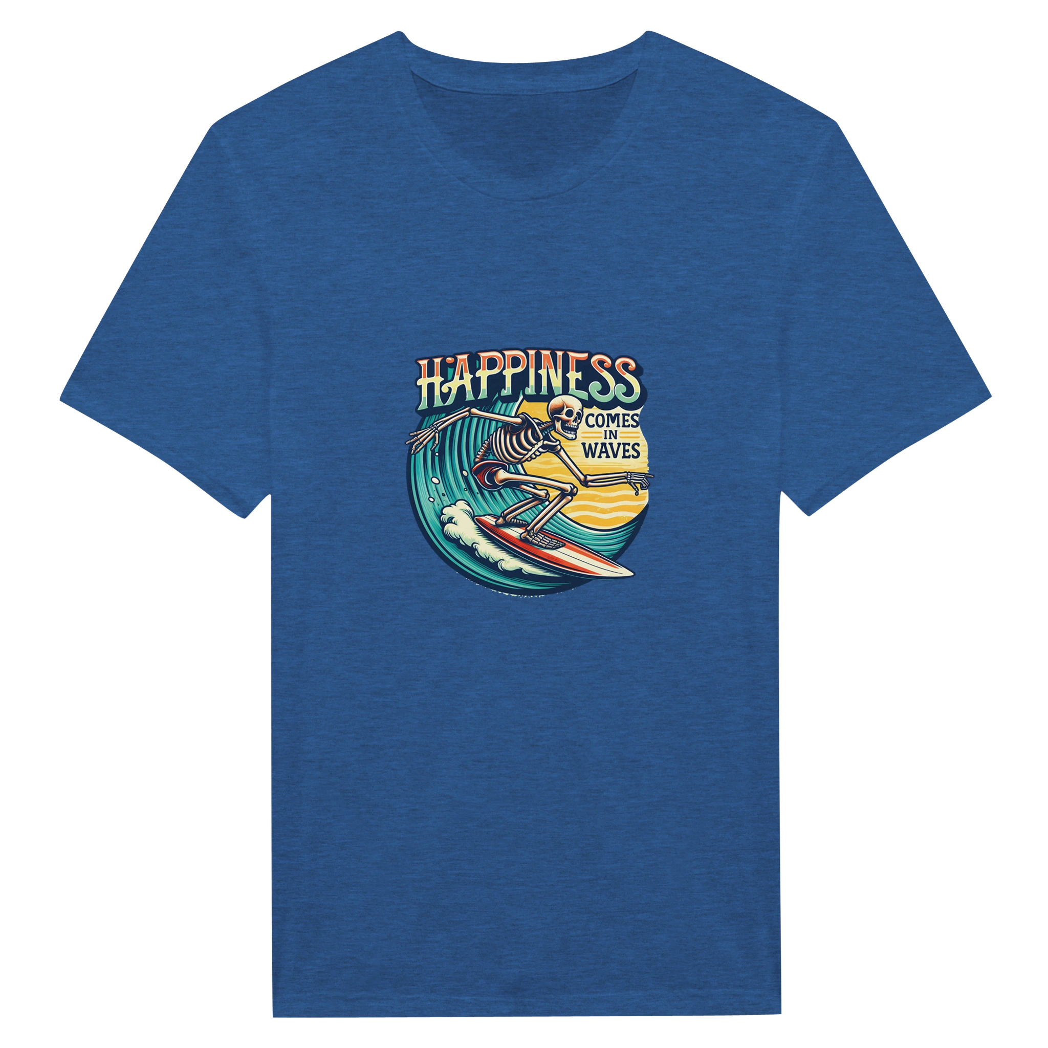 Blue t-shirt with a graphic design of a skeleton surfing and 'Happiness Comes in Waves' text on a white background.