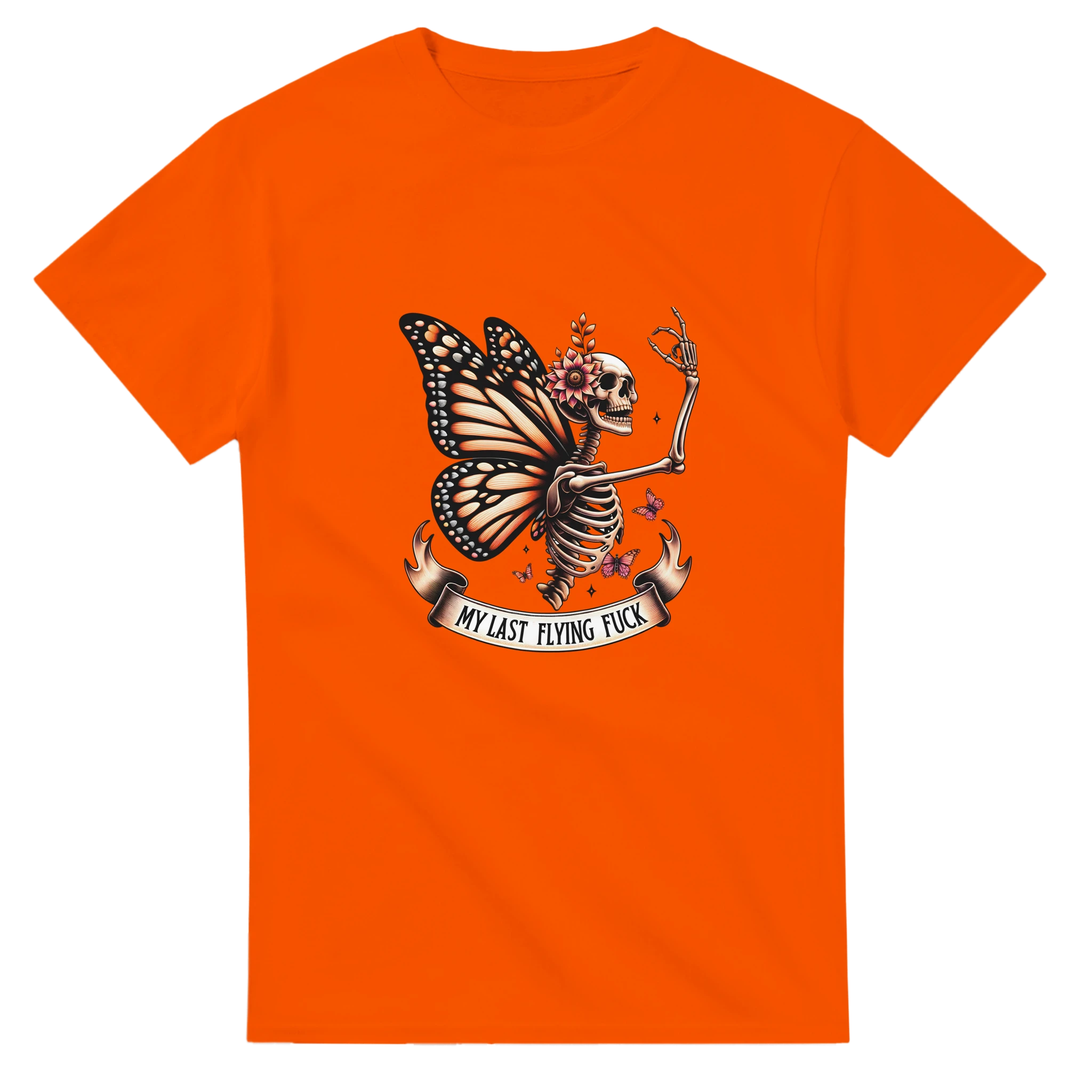 Orange t-shirt with a skeleton butterfly design and text on a white background