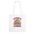 White tote bag with a colorful skeleton design and text on a white background