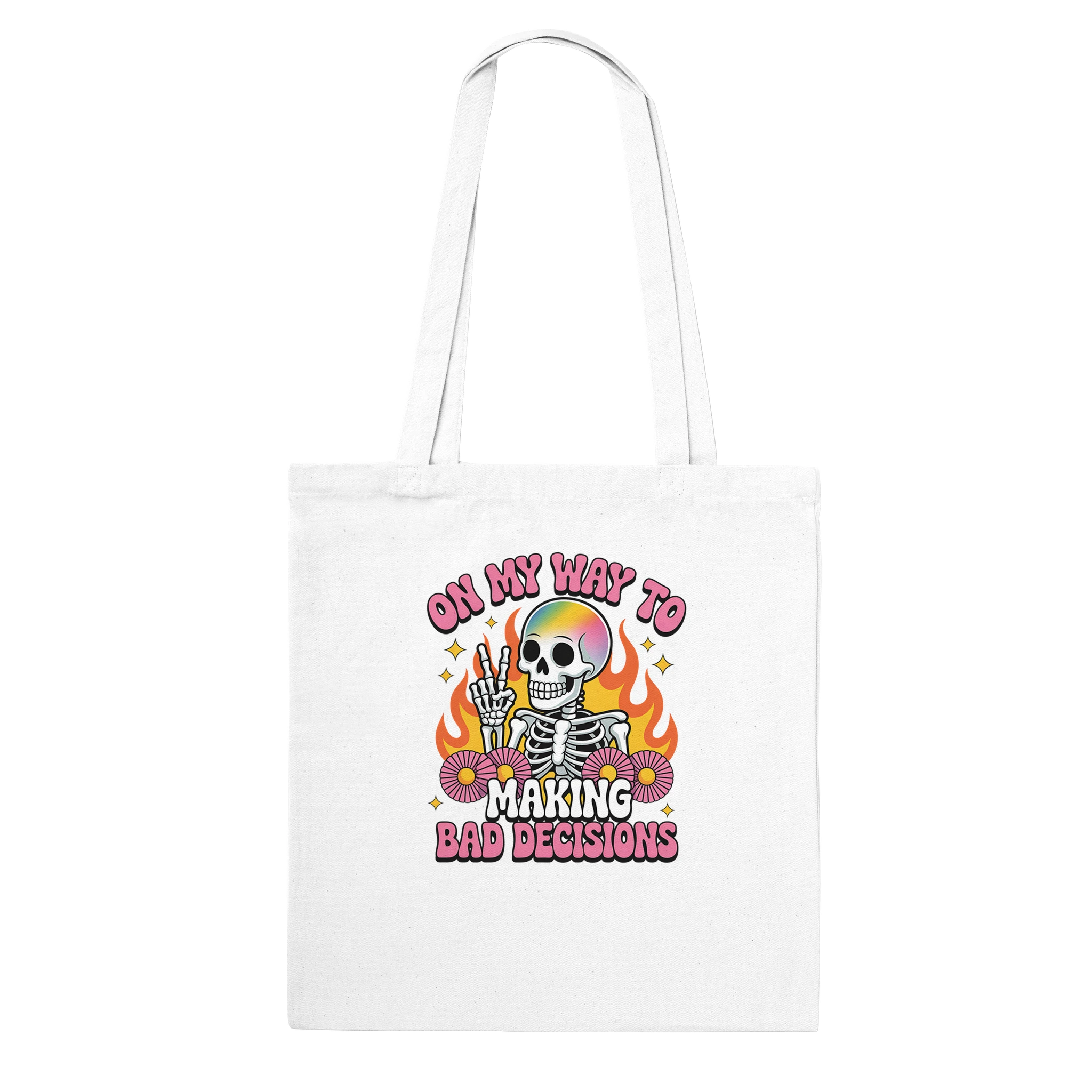 White tote bag with a colorful skeleton design and text on a white background