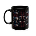 A glossy black ceramic mug featuring a repeating gothic pattern of metallic blue skulls and dark red roses on a black background.