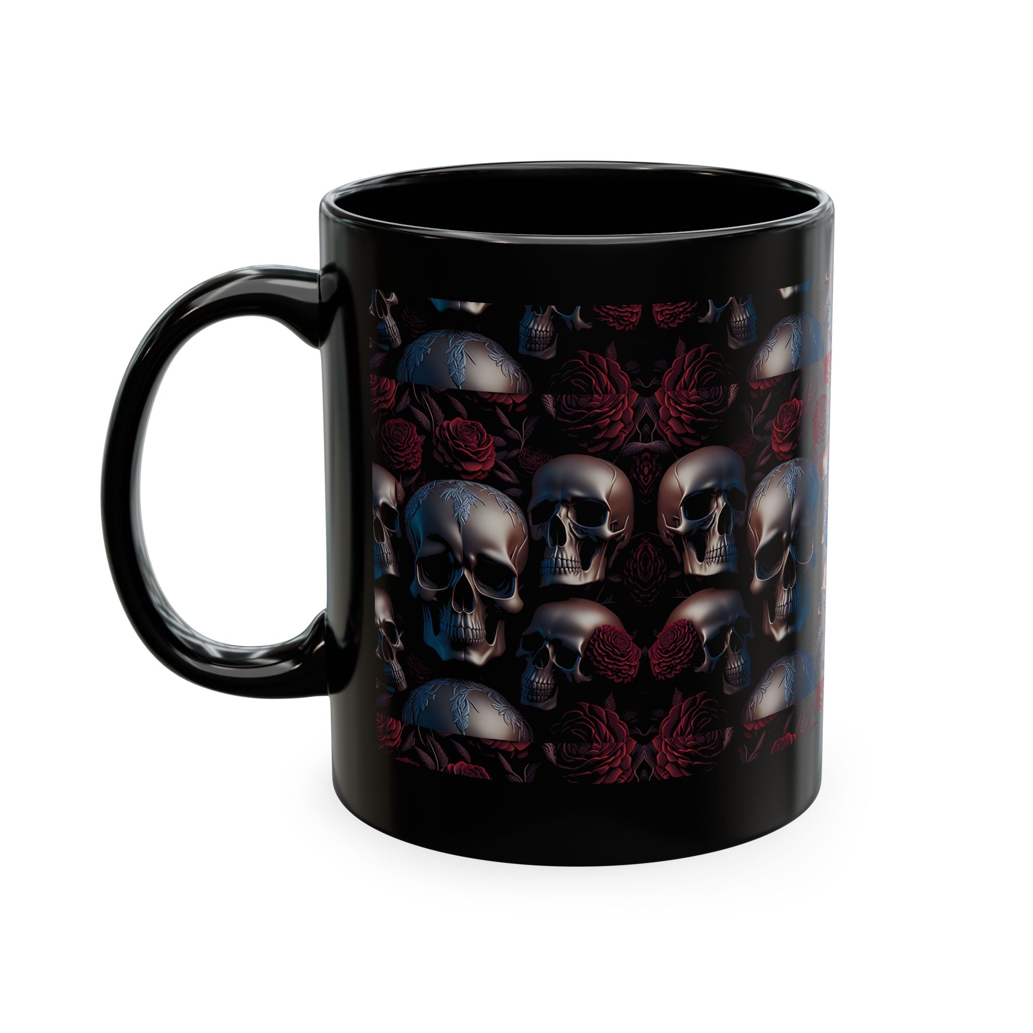 A glossy black ceramic mug featuring a repeating gothic pattern of metallic blue skulls and dark red roses on a black background.