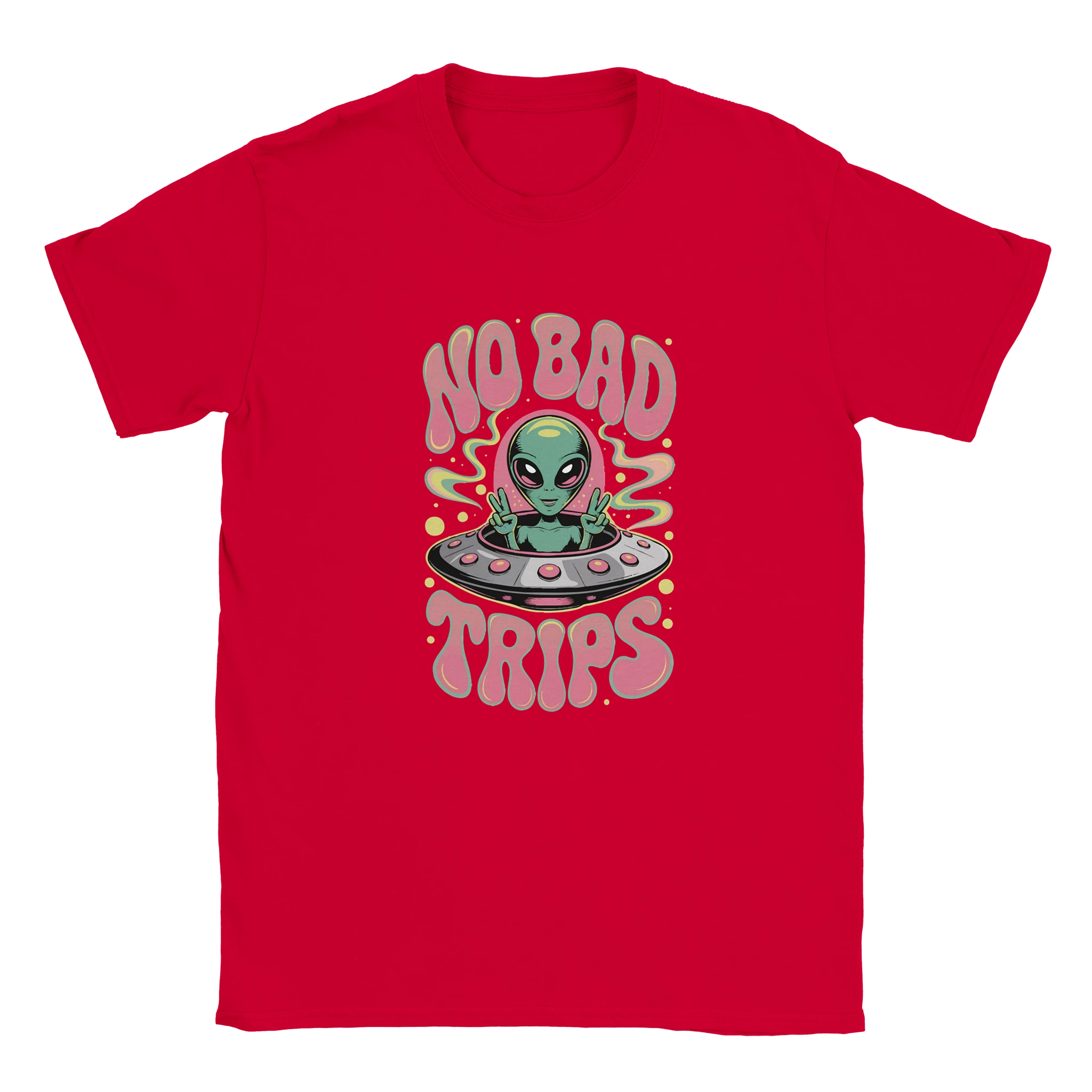 Red t-shirt with alien graphic and 'No Bad Trips' text on a white background