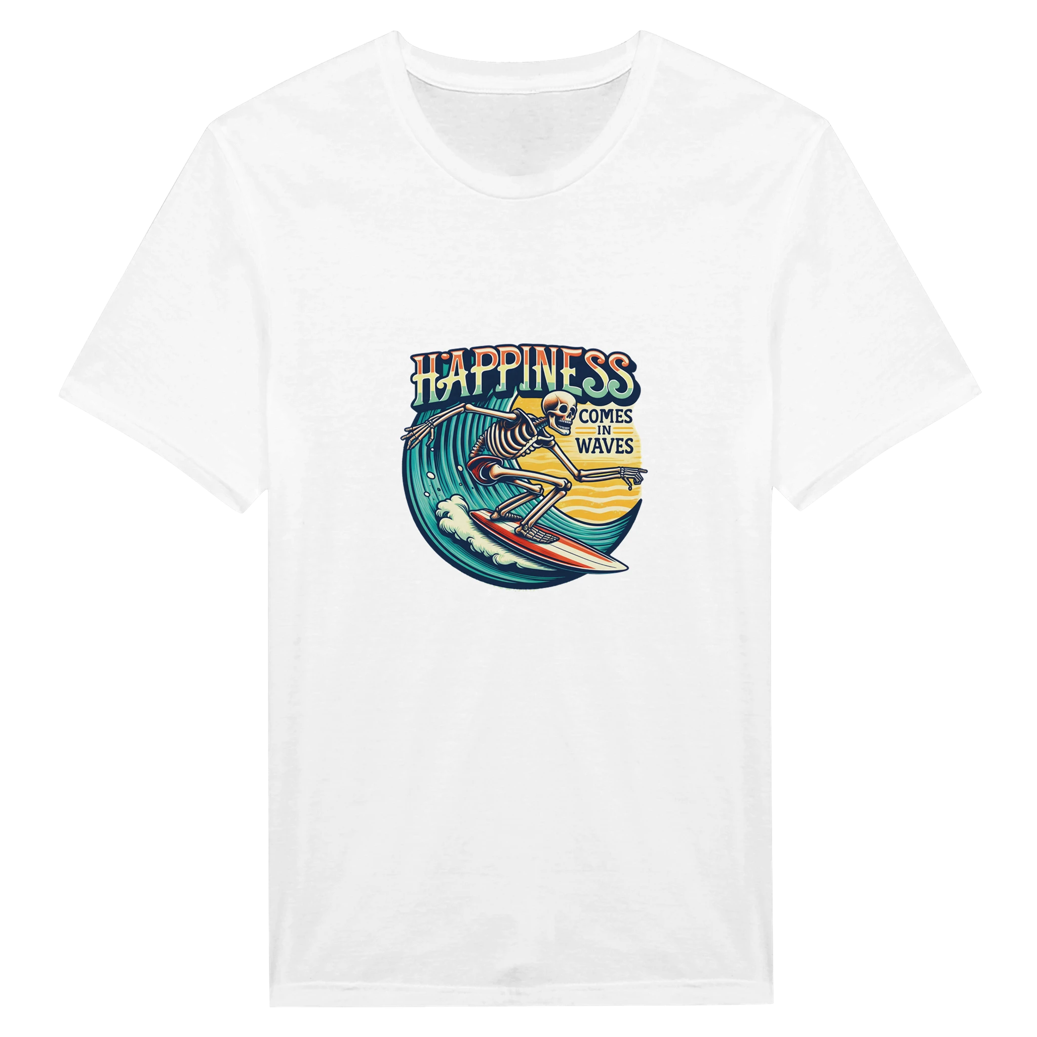 White t-shirt with a colorful graphic and 'Happiness Comes with Waves' text on a white background