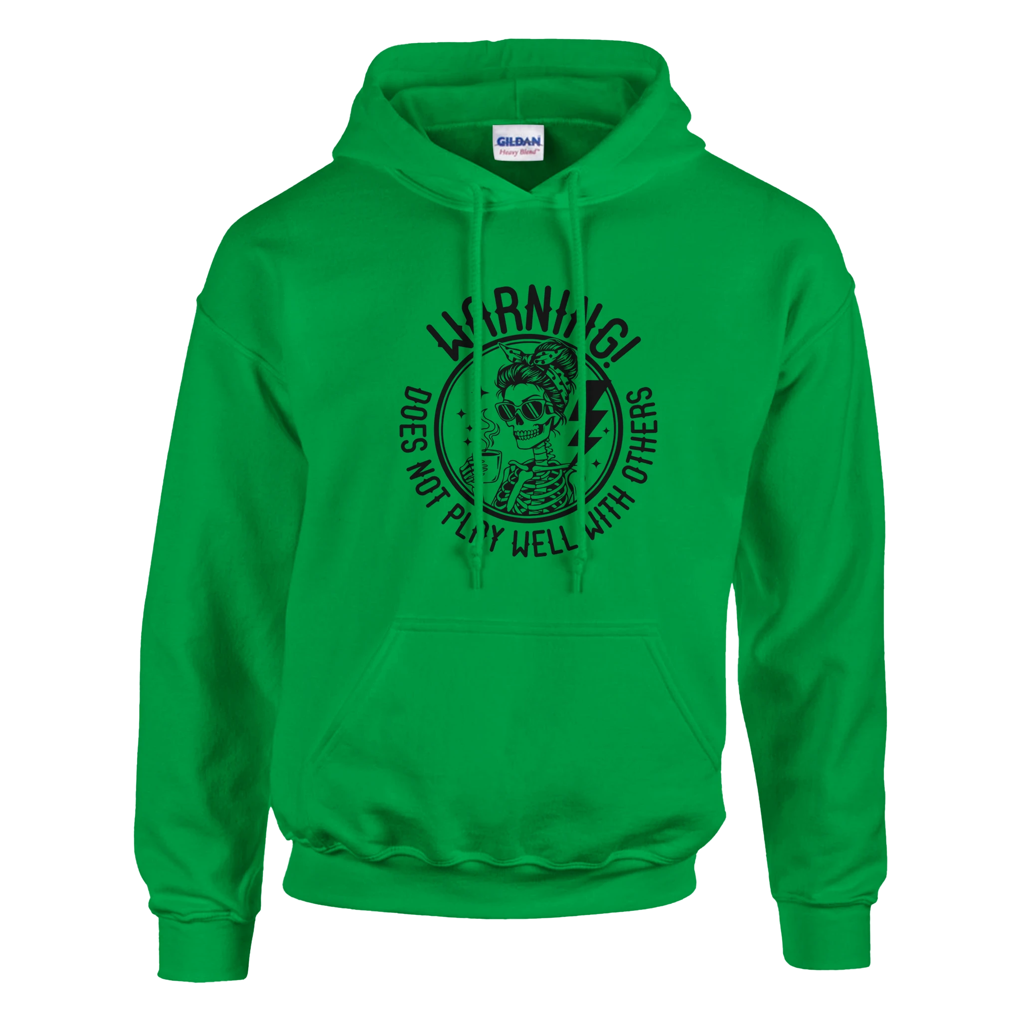Green hoodie with black graphic and text on a white background