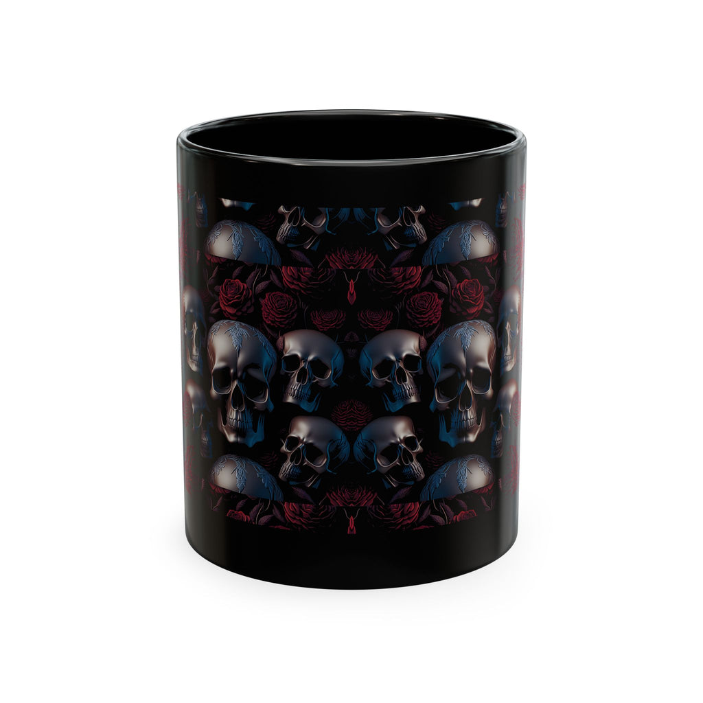 Black mug with skulls and roses on a white background