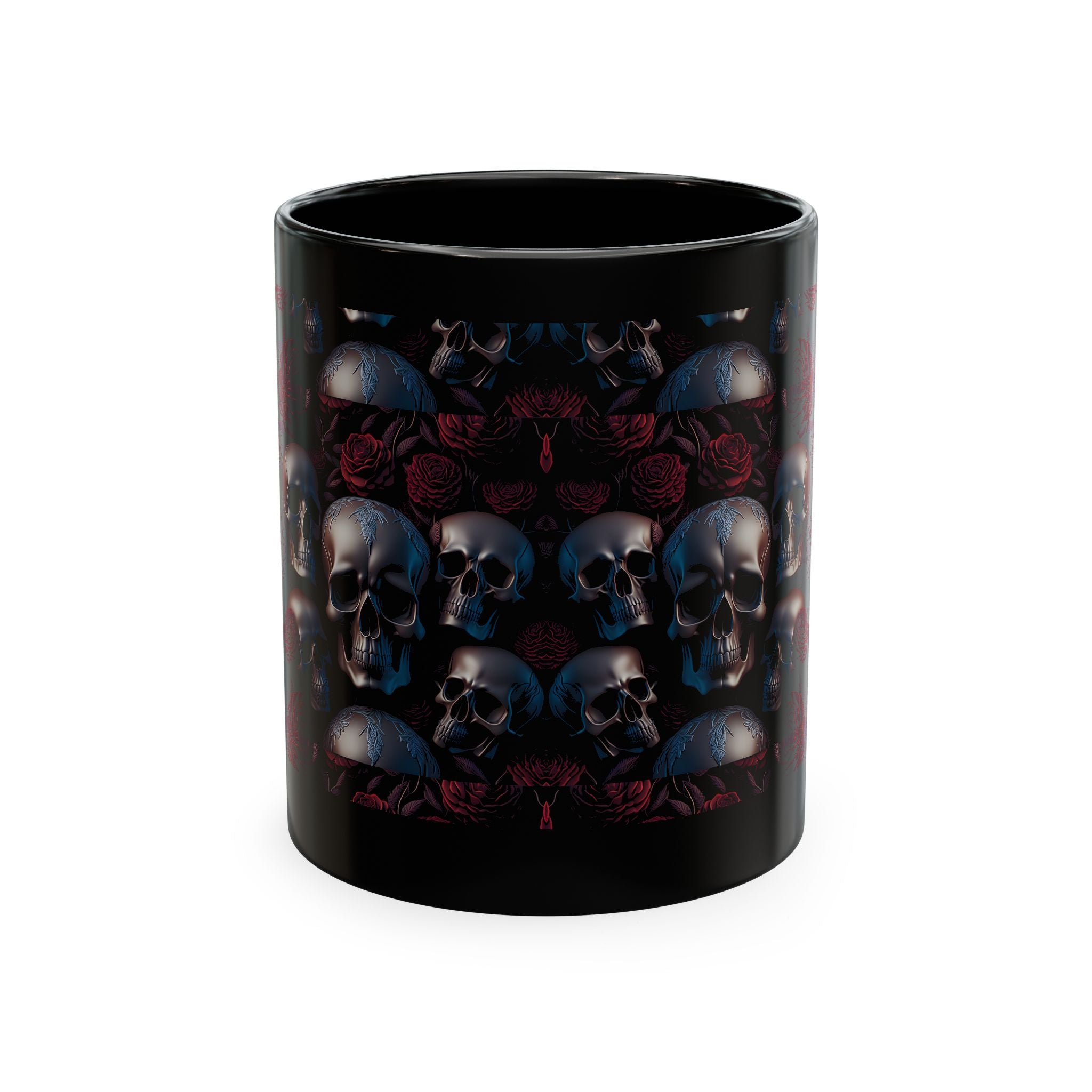 Black mug with skulls and roses on a white background