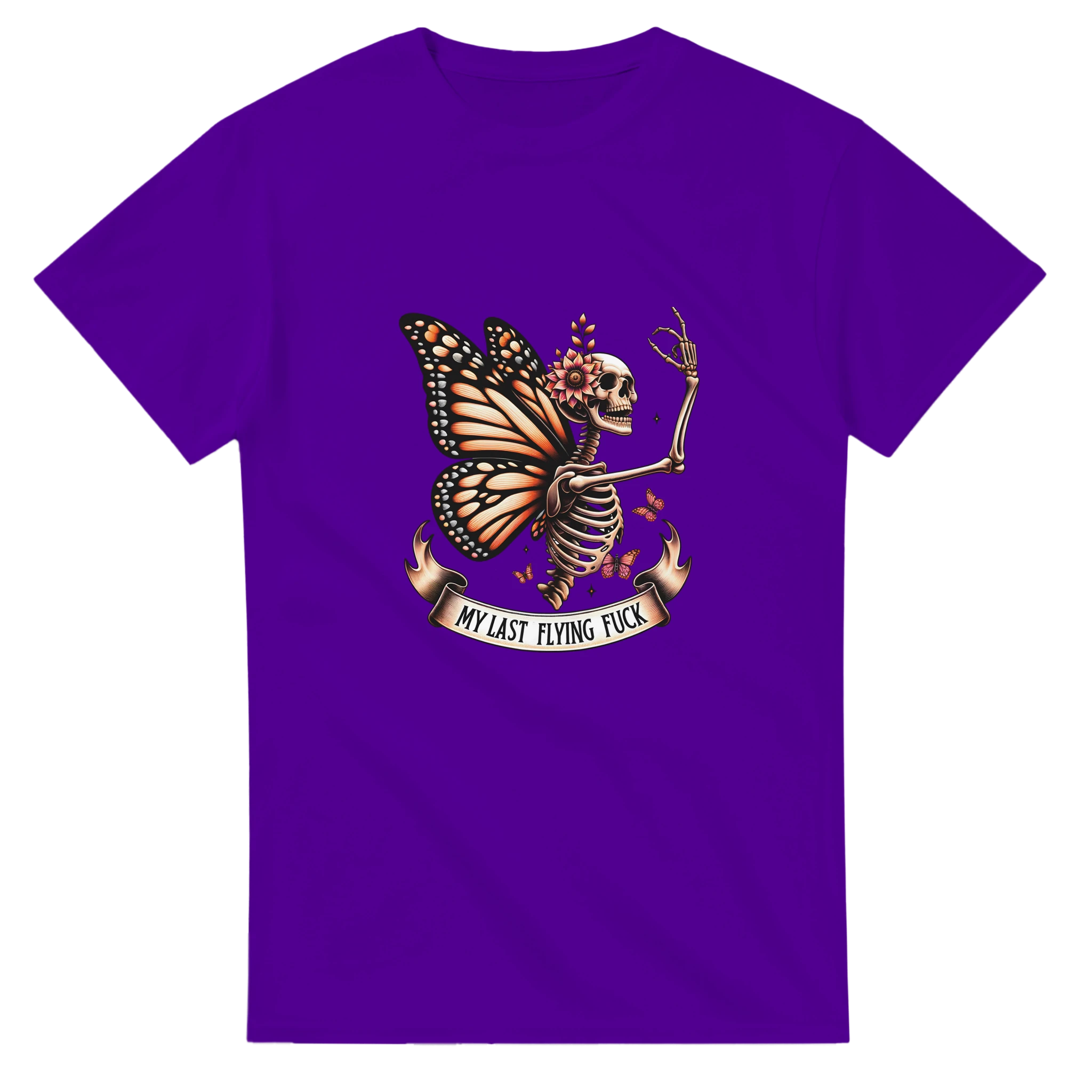 Purple t-shirt with a skeleton butterfly design and text on a white background