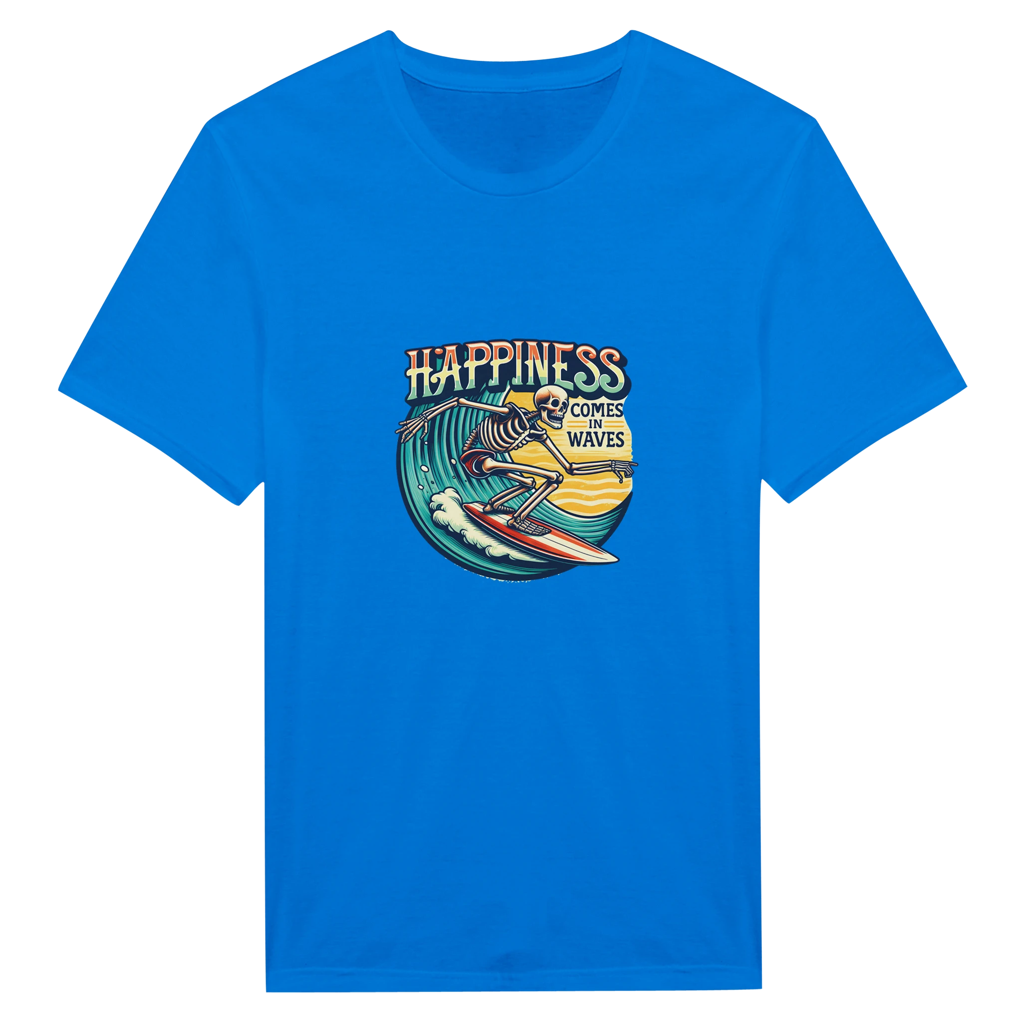 Blue t-shirt with a graphic design and text on a white background