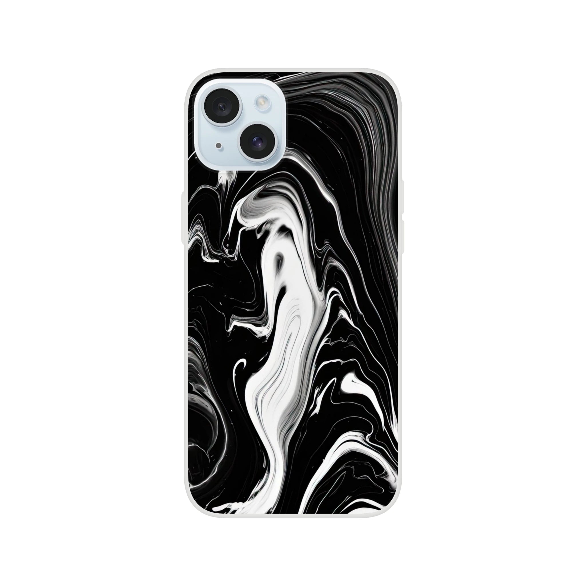 Phone case with black and white marble pattern on a white background