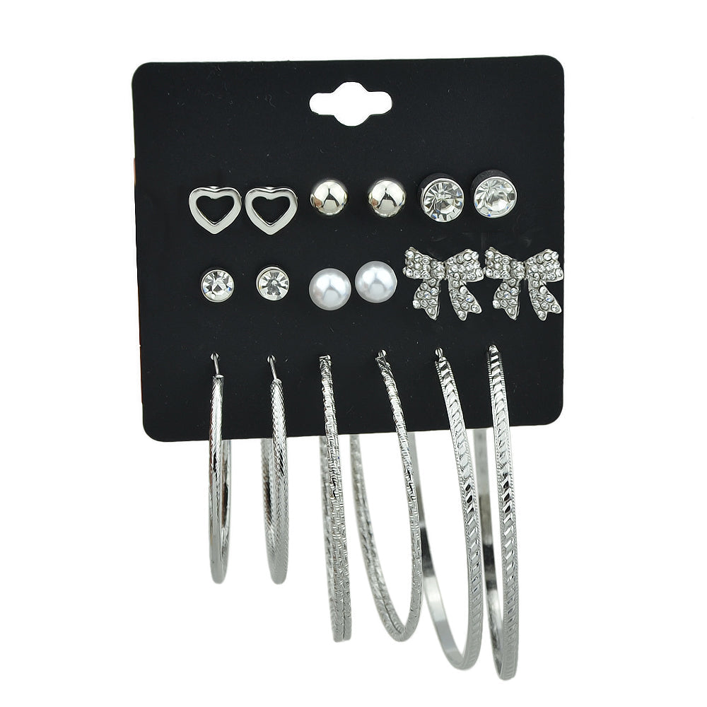 9 pairs Earrings set Rhinstone Ball Pearl Heart Bow Stud Gold Silver Hoop Jewelry