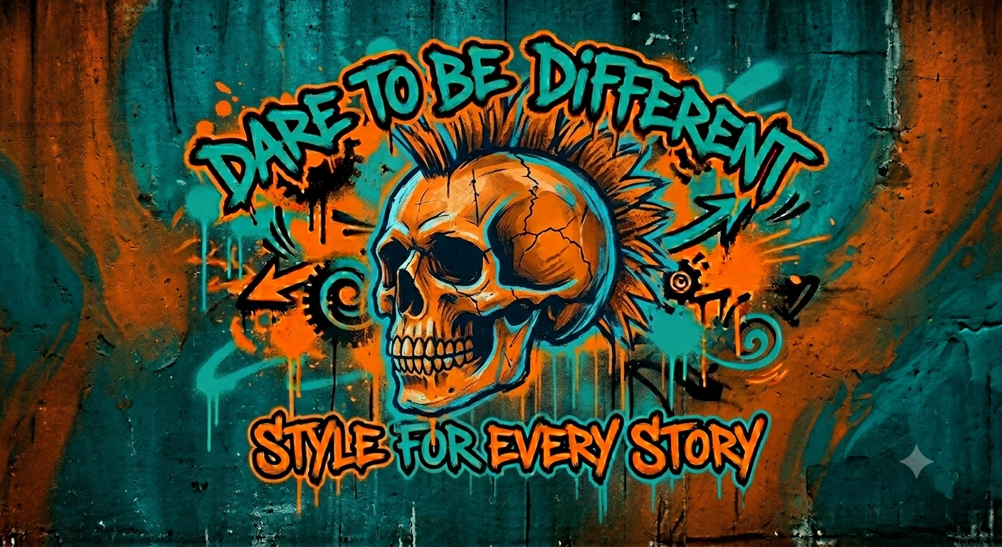 Graffiti-style skull with text 'Dare to be different, style for every story' on a textured background.