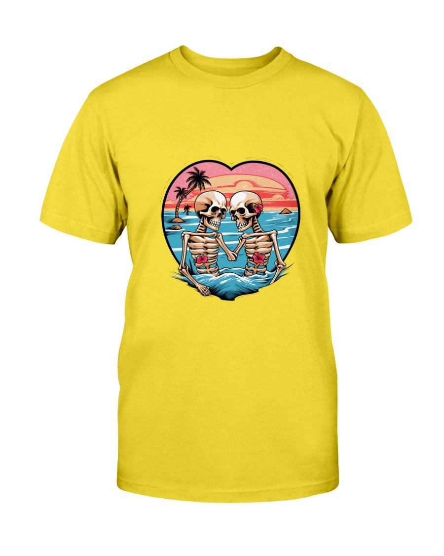 Yellow t-shirt with a graphic of two skeletons on a beach, forming a heart shape, on a white background.