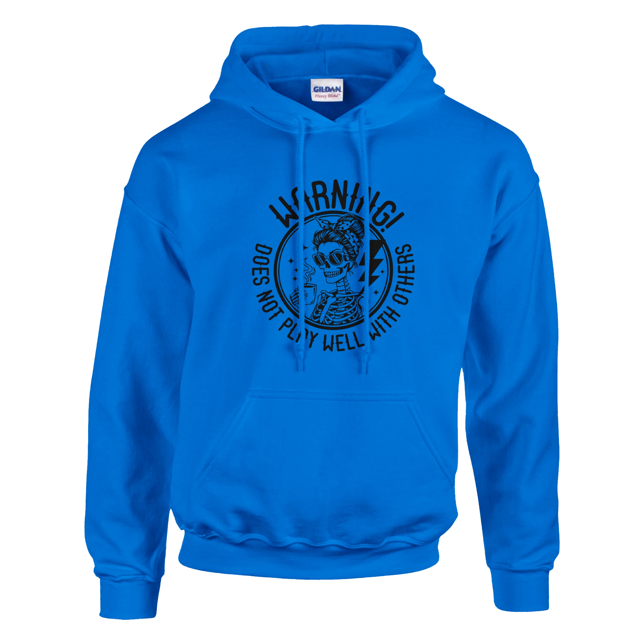 Blue hoodie with black graphic and text on a white background