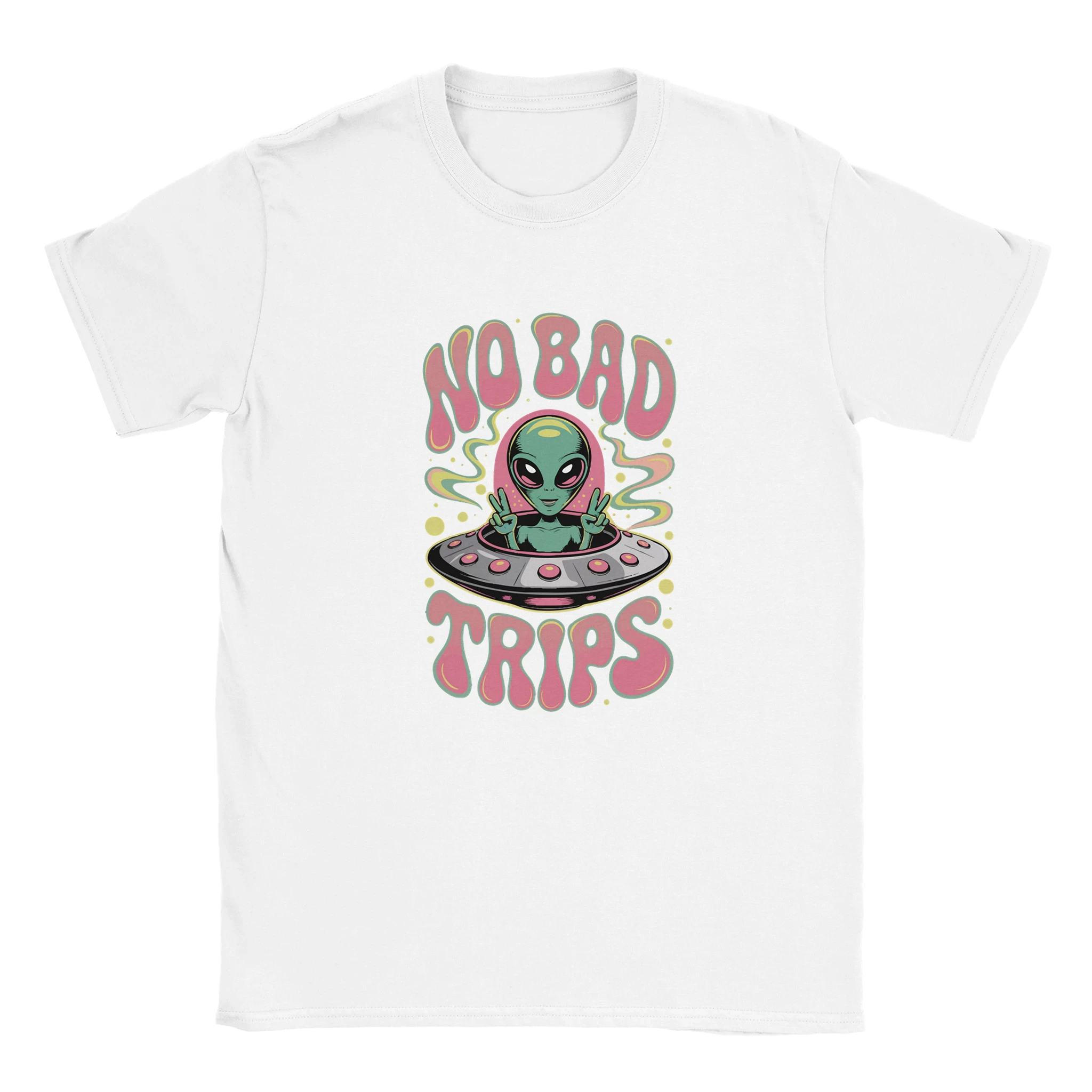 White t-shirt with alien graphic and 'No Bad Trips' text on a white background