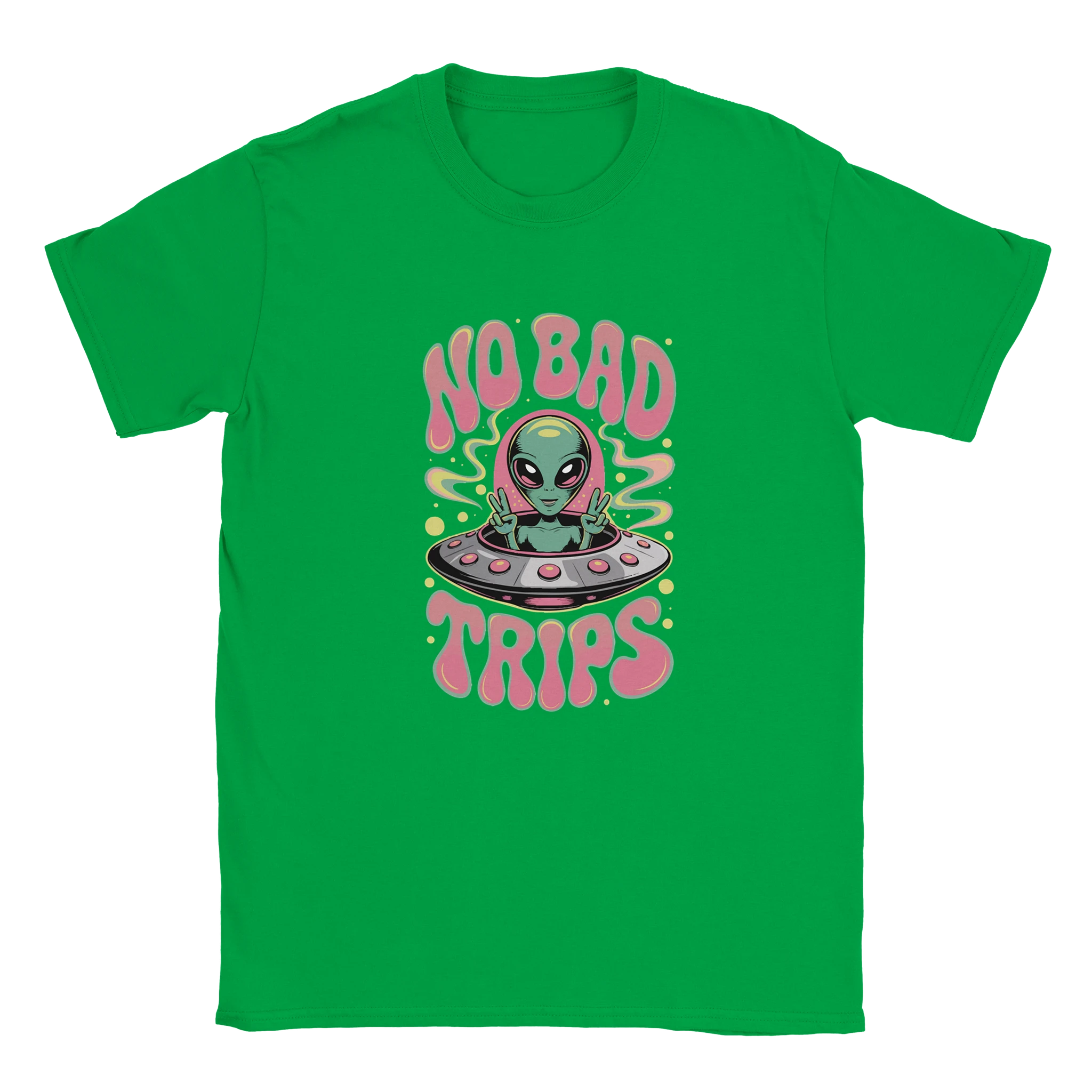 Green t-shirt with alien and UFO graphic and 'No Bad Trips' text on a white background