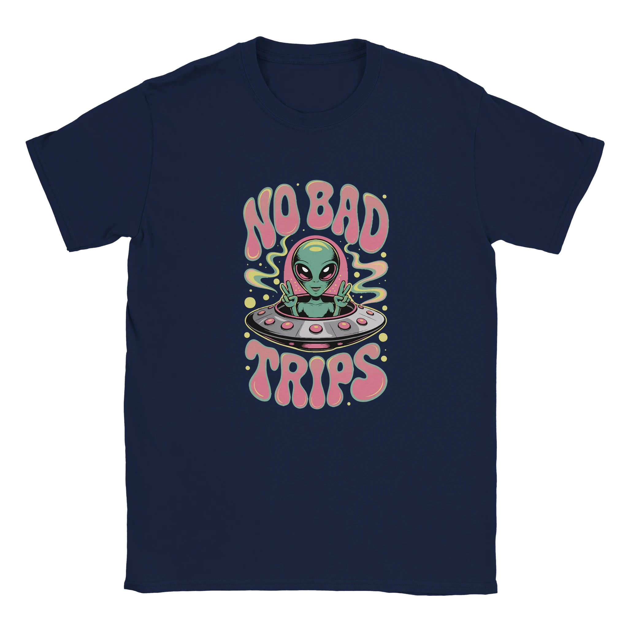 Navy blue t-shirt with an alien graphic and 'No Bad Trips' text on a white background