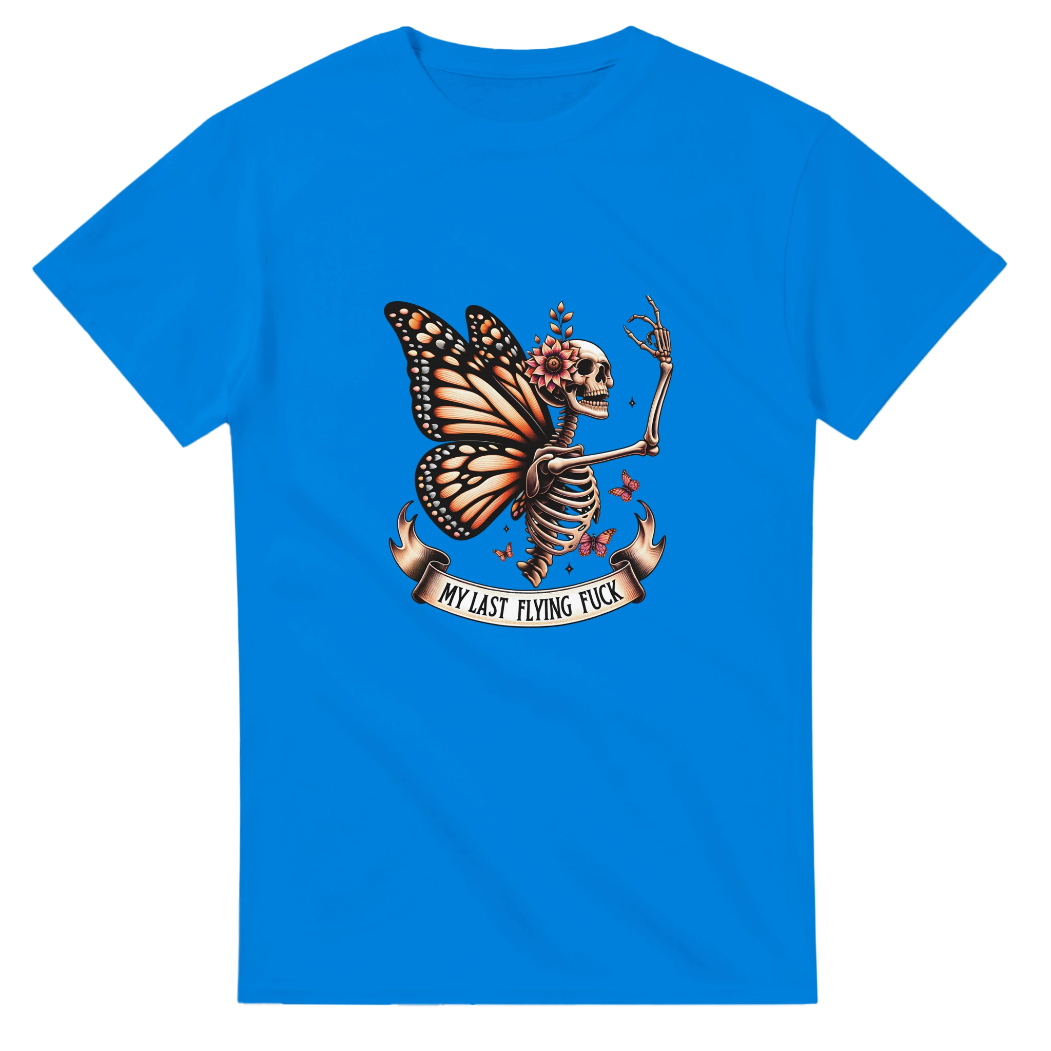 Blue t-shirt with a skeleton and butterfly design on a white background