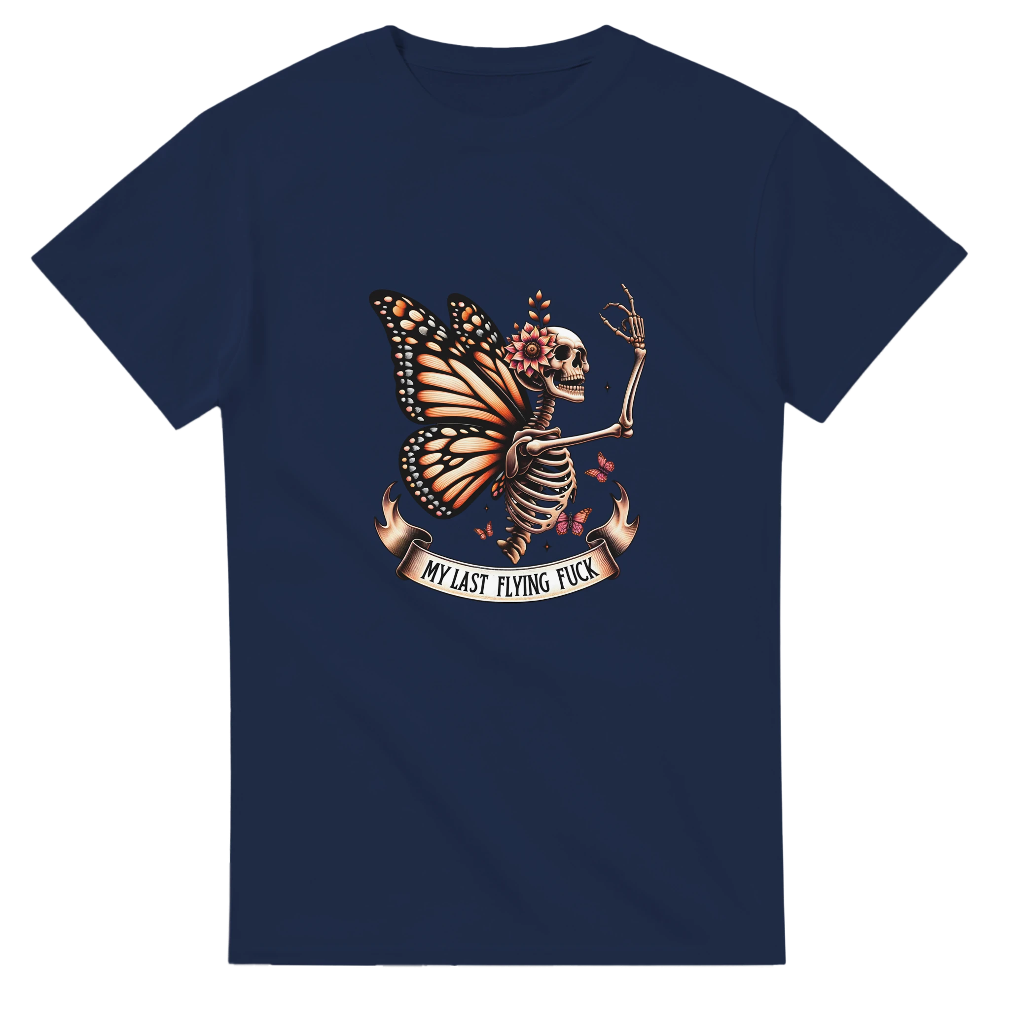 Navy blue t-shirt with a skeleton butterfly design and text on a white background