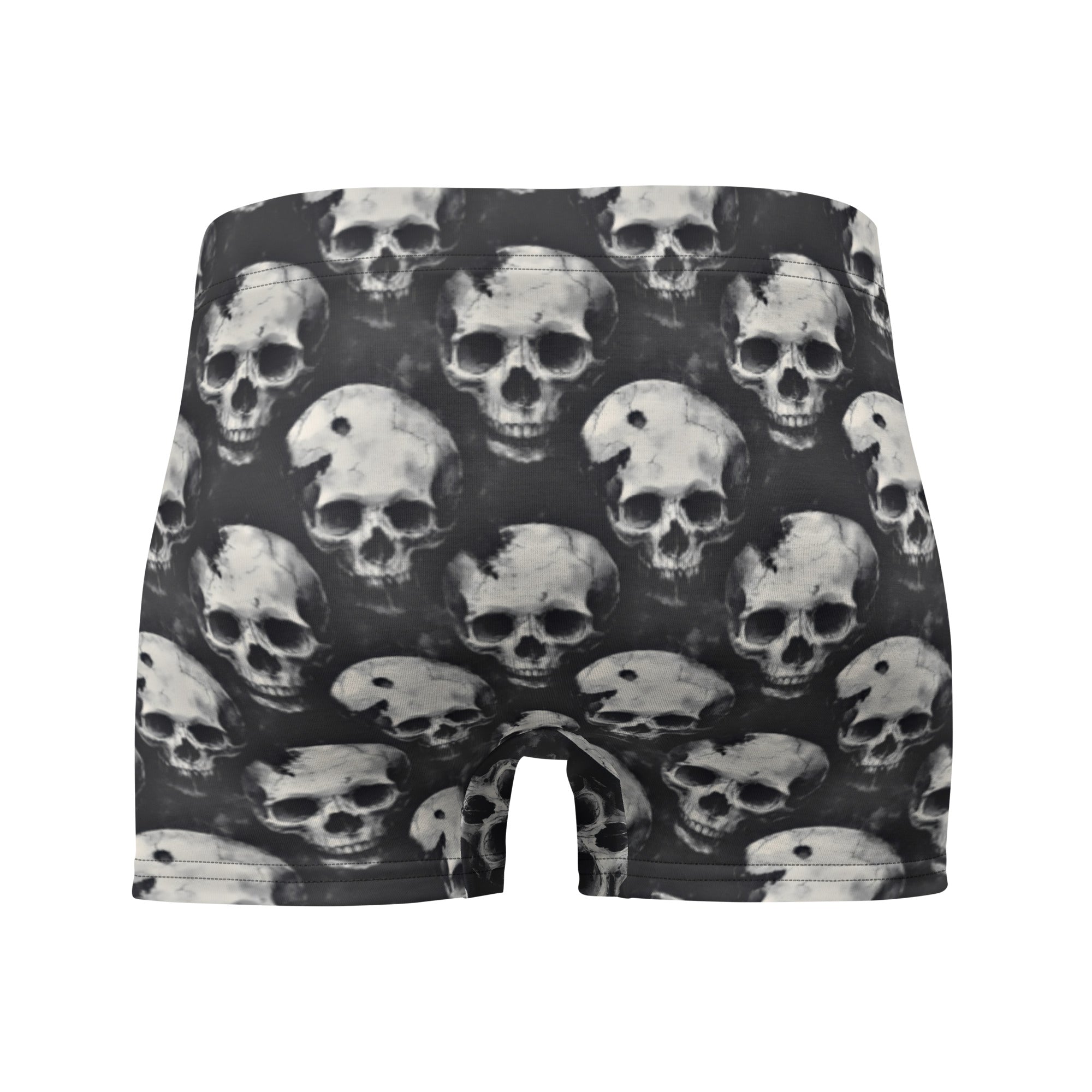 Black and white boxer briefs featuring an all-over repeating skull print, shown against a plain white background.