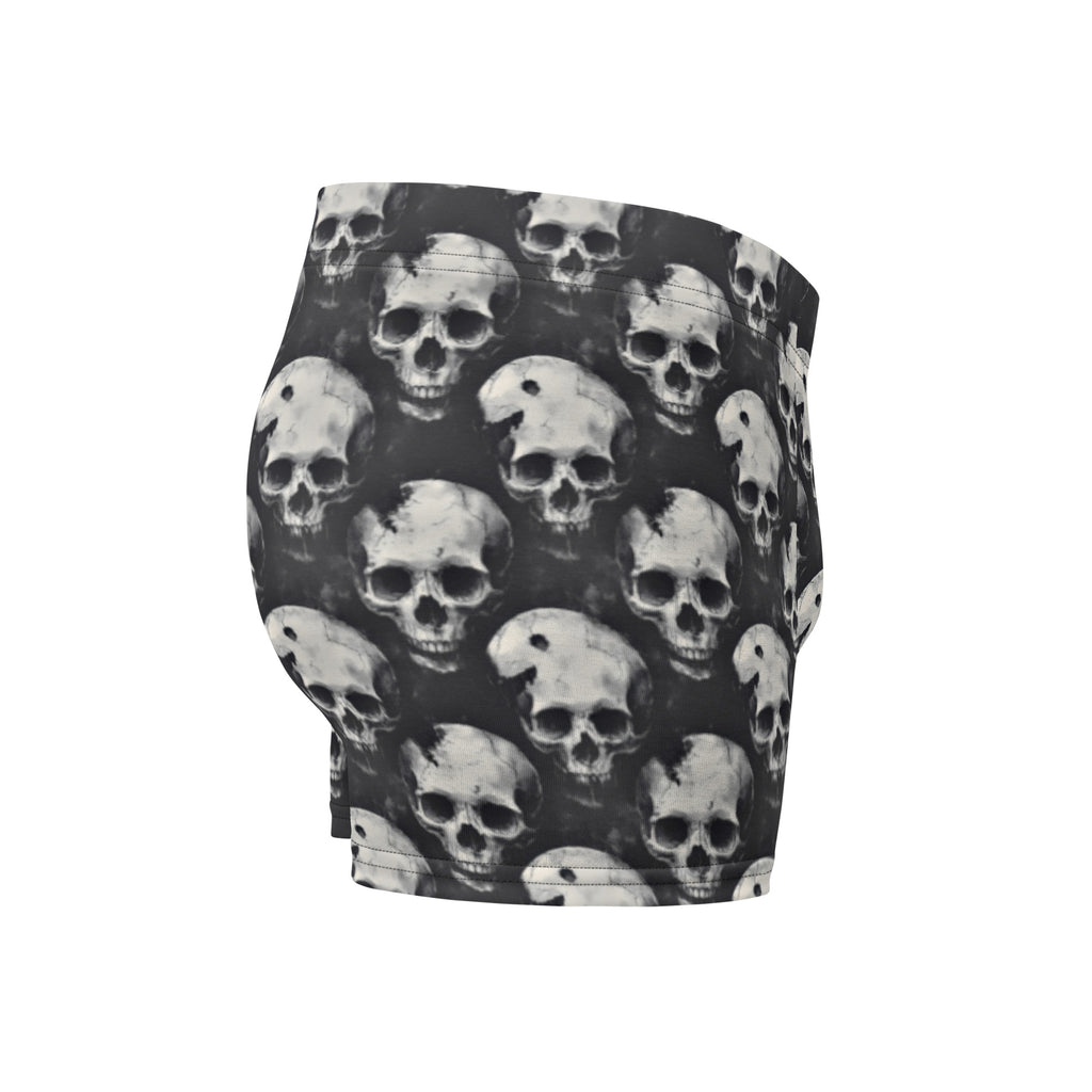 Black and white skull patterned boxer briefs shown on a plain white background.