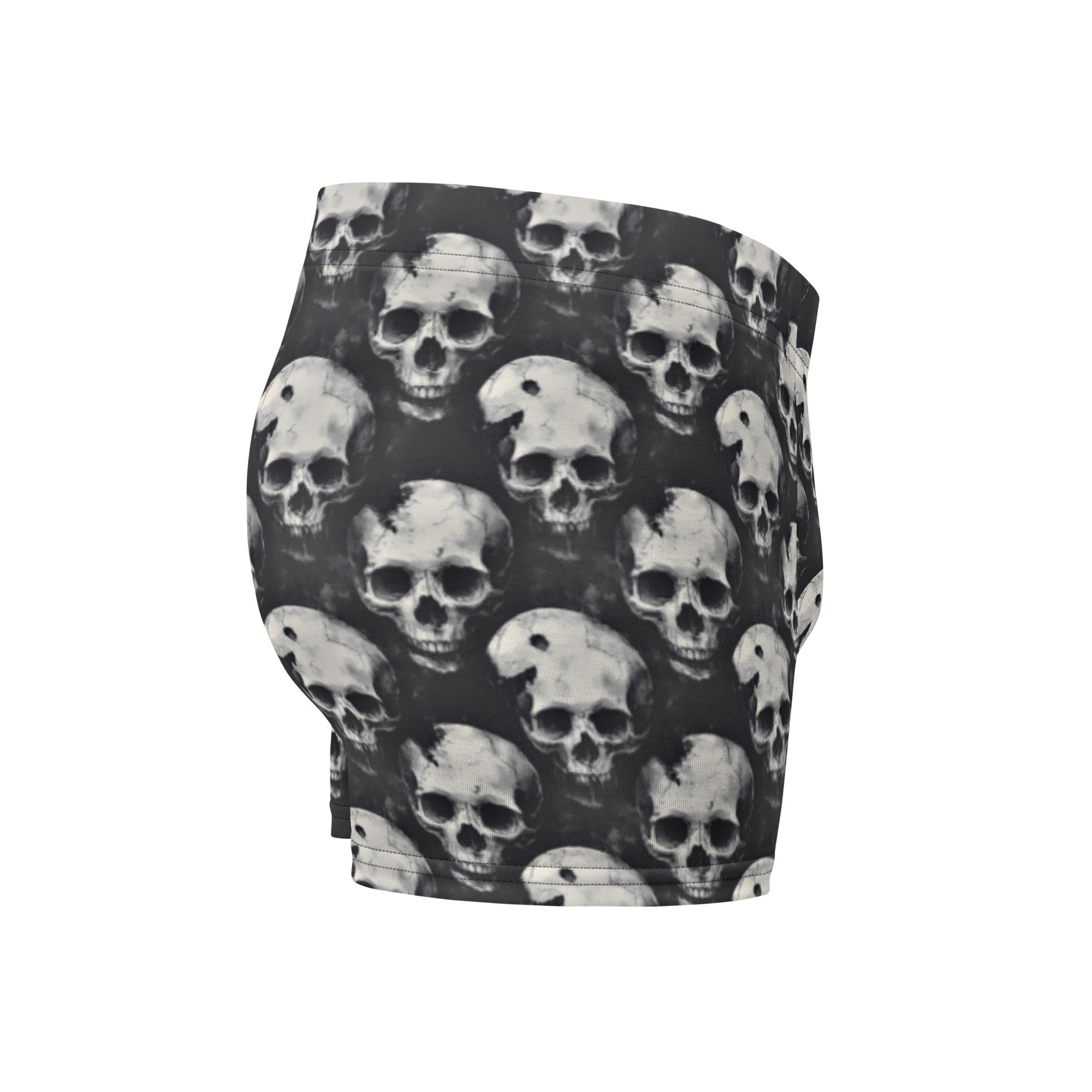 Black and white skull patterned boxer briefs shown on a plain white background.