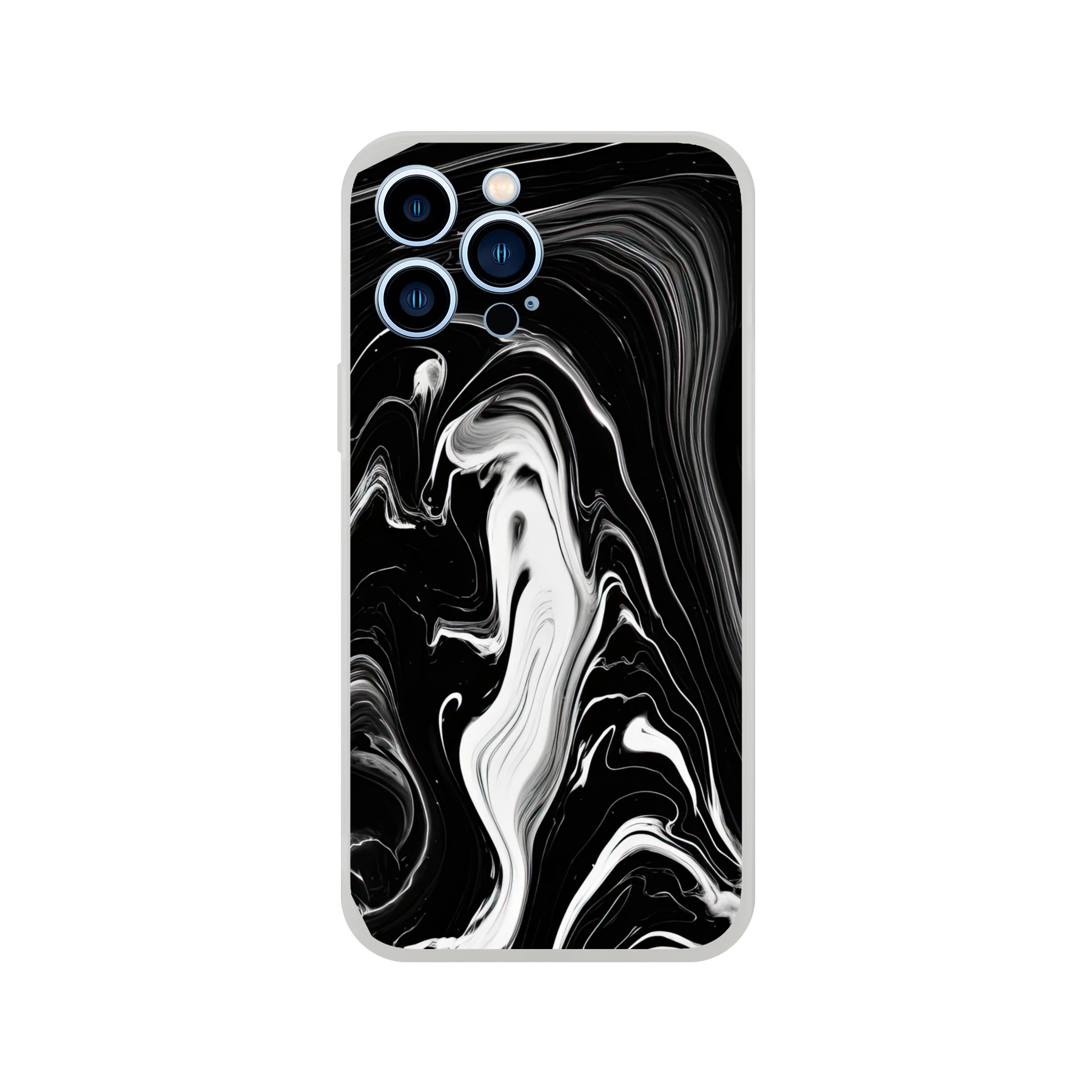 Phone case with black and white abstract design on a white background