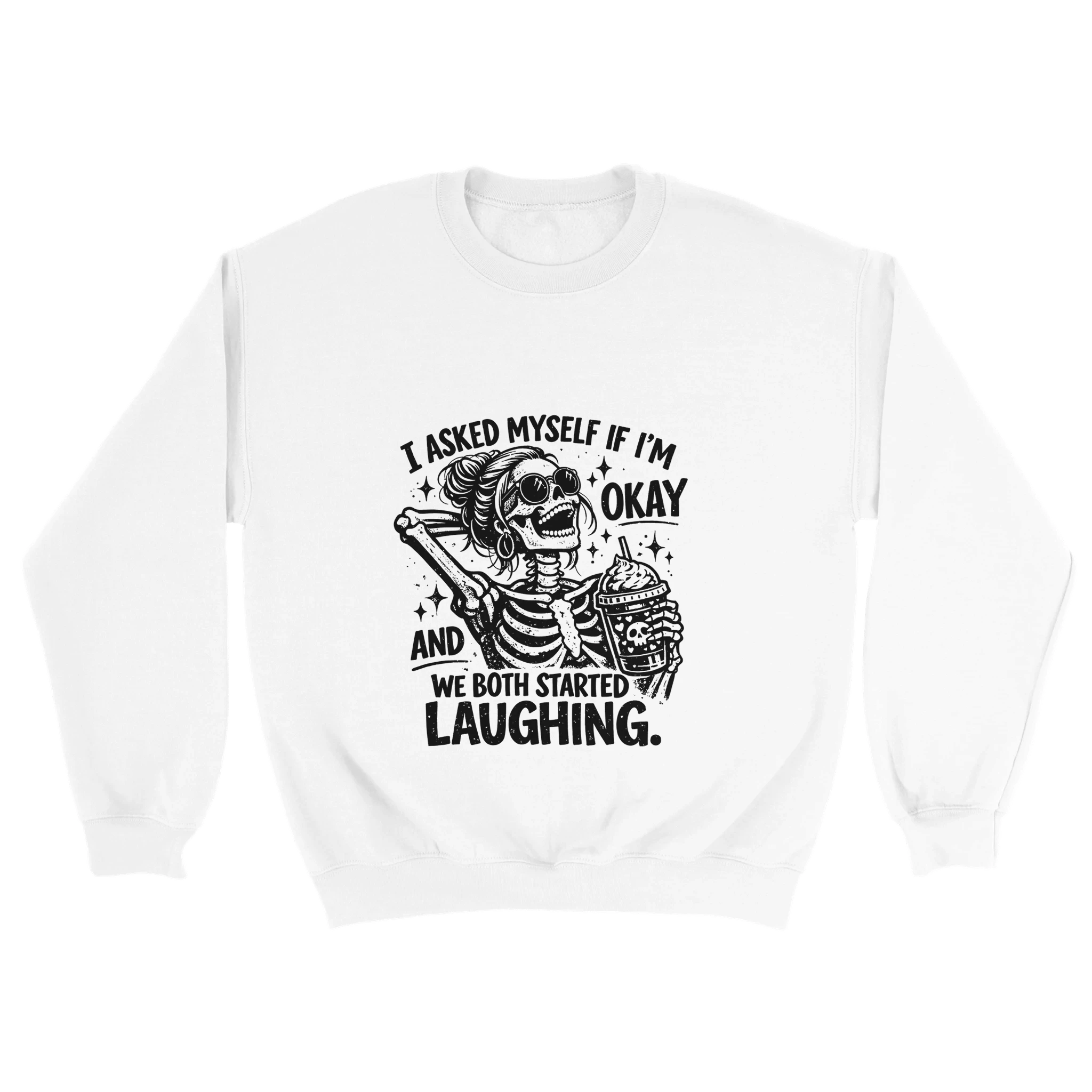White sweatshirt with black skeleton graphic and text on a white background