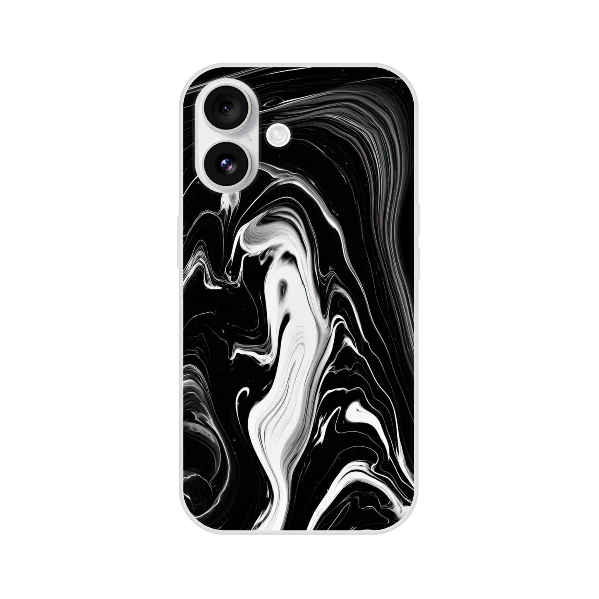 Phone case with black and white abstract design on a white background