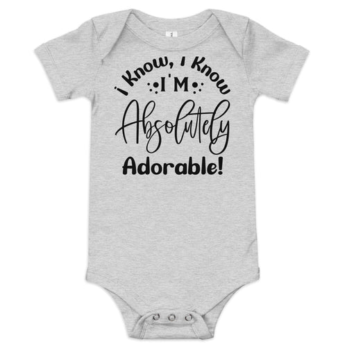 Gray baby onesie with black text on a white background