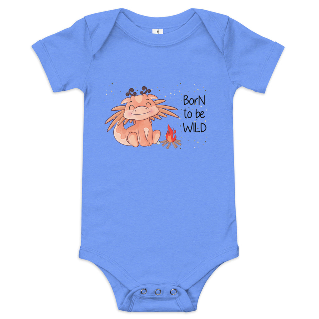 Blue baby onesie with a cartoon lion and 'Born to be Wild' text on a white background