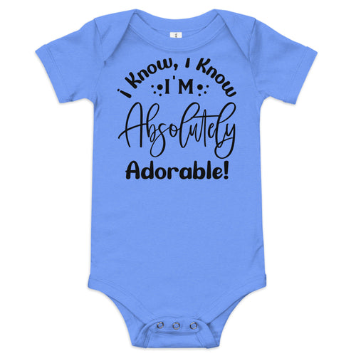 Blue baby onesie with black text on a white background
