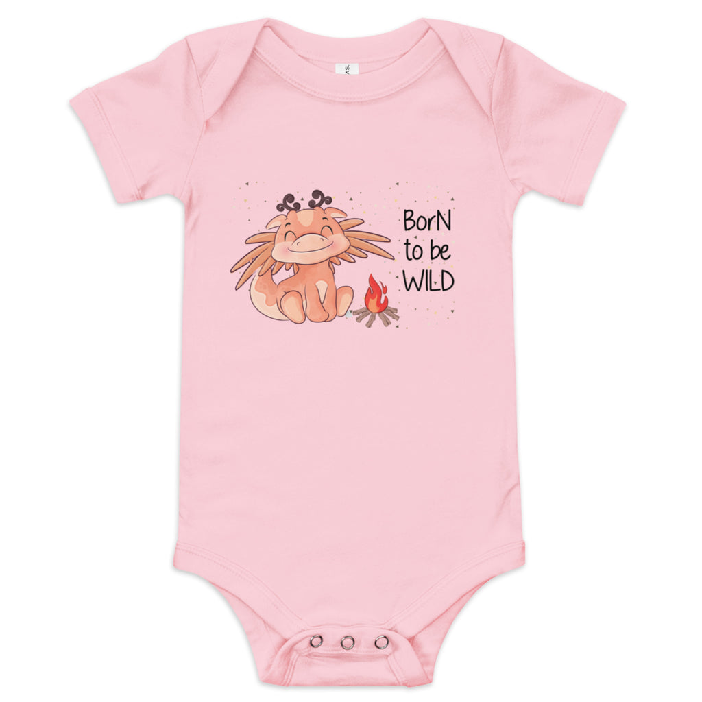 Pink baby onesie with a cartoon lion and 'Born to be Wild' text on a white background
