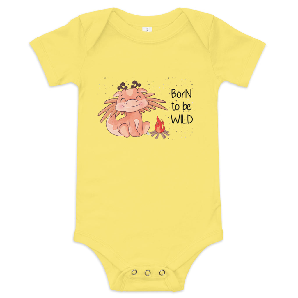 Yellow baby onesie with a cartoon dragon and 'Born to be Wild' text on a white background