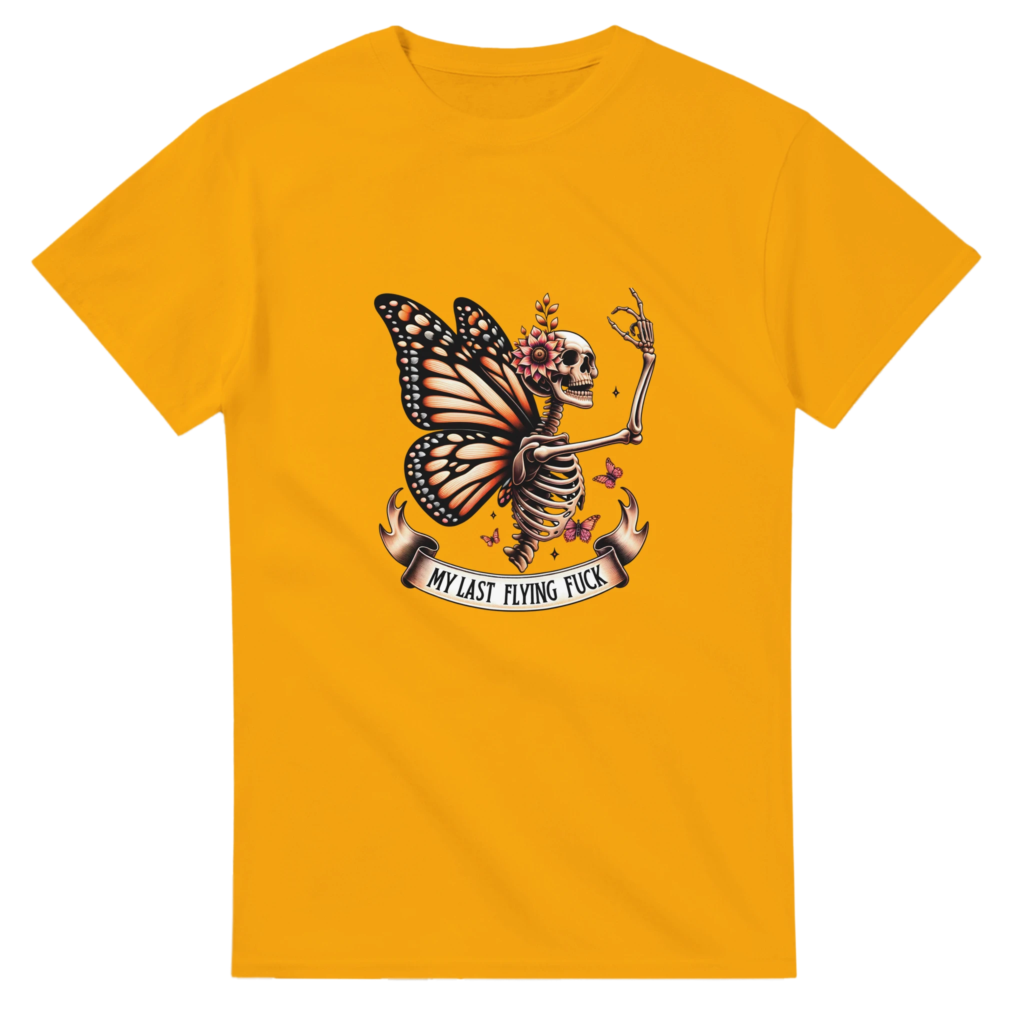Yellow t-shirt with a skeleton butterfly design and text on a white background